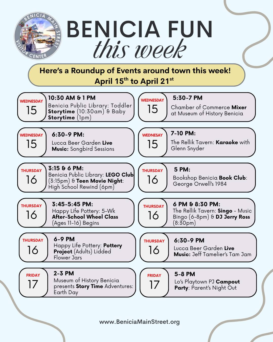 Did we miss anything? Post in the comments! ✨ Check out Benicia.Guide.com for upcoming events
(For full lineup, check out the listings above)
- Chamber of Commerce Mixer at MOHB (Apr 15, 5:30-7pm)
- Lucca Beer Garden Live Music: Songbird Sessions (Apr 15, 6:30-9pm)
- The Rellik Tavern: Karaoke with Glenn Snyder (Apr 15, 7-10pm)
- Bookshop Benicia Book Club: George Orwell’s 1984 (Apr 16, 5pm)
- The Rellik Tavern: Singo (6-8pm) & DJ Jerry Ross (8:30pm) (Apr 16)
- Lucca Beer Garden Live Music: Jeff Tamelier’s Tam Jam (Apr 16, 6:30-9pm)
- MOHB presents Story Time Adventures: Earth Day (Apr 17, 2-3pm)
- Lo’s Playtown PJ Campout Party: Parent’s Night Out (Apr 17, 5-8pm)
- The Rellik Tavern Live Music: Clark Chimp (4:30pm) & My So-Called Band (8:30pm) (Apr 17)
- Benicia Theatre Group presents RUMORS (Apr 17 & 18, 8pm & Apr 19, 2pm)
- Lucca Beer Garden Live Music: Sixteen Scandals (Apr 17, 6:30-9pm)
- Benicia Yacht Club: Opening Day on the Strait Party & Boat Parade (Apr 18, 10am-10pm)
- Arts Benicia: Photography Foundations with Thomas Percival (Apr 18, 1pm)
- Angel Heart 4 You: Talking Stick Workshop with Sher Alexander (Apr 18, 1-3pm)
- Lucca Beer Garden Live Music: Maurice Tani (1:30-3:30pm) & Papa Joe & The New Deal (6:30-9pm) (Apr 18)
- The Rellik Tavern Live Music: Xavier Guerrero (4:30pm) & PTK Pete The Killer (8:30pm) (Apr 18)
- The Little Art Shop: Pictionary Party Night (Apr 18, 6:30-8:30pm)
- Benicia High School: 31st Annual Benicia Classic Car Show on the corner of 1st & B Streets (April 19, 9am-3pm)
- Arts Benicia “Paper Gems” Workshop with Dorothy Yuki (Apr 19, 1-5pm)
- Benicia Historical Society: The Vallejo Family and the Making of California at the Benicia Library (April 19, 2-4pm)
- The Rellik Tavern Live Music: Doug Houser (Apr 19, 4pm)
- Mare Island Brewery Live Music: The Northern Still (Apr 19, 6pm)
- The Little Art Shop: Open Studio Session (Apr 20, 1-4pm)
- The Little Art Shop: Needle Felting for Beginners with Carolyn Appenzeller (Apr 21, 1pm)
- The Rellik Tavern: Trivia Night with Chelsea Bearce (6-7:30pm) & Open Mic (7:30pm) (Apr 21)
- Ongoing Exhibits at Gallery 621, Arts Benicia & NY2CA