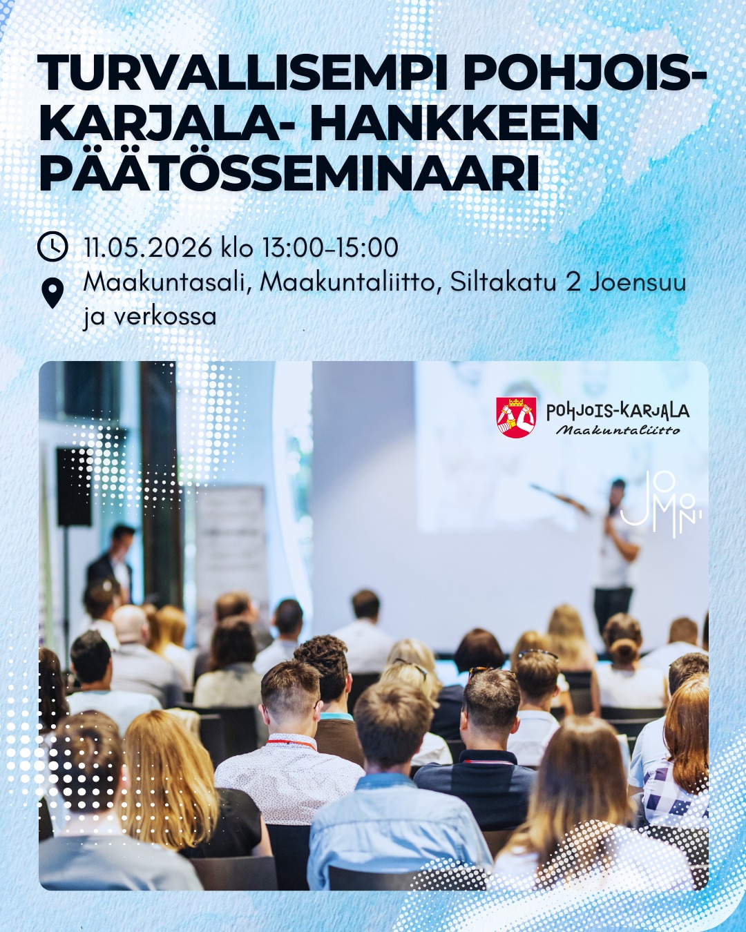🇬🇧 In English below
Jomonin toteuttaman Turvallisempi Pohjois-Karjala -hankkeen tuloksia esitellään maanantaina 11.5.2026 klo 13.00–15.00 pidettävässä loppuseminaarissa Maakuntaliiton Maakunta-salissa. Seminaariin voi osallistua myös etäyhteydellä. 🏢
Tilaisuudessa:
• esitellään hankkeen keskeiset tulokset, Reetta Heiskanen ja Anni Rannikko
• kuullaan asiantuntijakommenttipuheenvuorot: Tiina Sotkasiira (Itä-Suomen yliopisto), Minna Väistö (Poliisi), Maakuntaliitto
• keskustellaan toimenpiteistä rasismin ja syrjinnän ehkäisemiseksi alueella.
Tilaisuudessa on kahvitarjoilu.
Hankkeen tavoitteena on ollut tuottaa ajantasainen ja kattava tilannekuva rasismin ja syrjinnän ilmenemisestä Pohjois-Karjalassa sekä tunnistaa keinoja niiden ehkäisemiseksi. Työssä on hyödynnetty tilastollista ja tutkimuksellista tietoa, aiempien hankkeiden tuloksia sekä alueellisten toimijoiden haastatteluja.
Tarve tilannekuvan päivittämiselle on korostunut erityisesti muuttuneen toimintaympäristön myötä. Esimerkiksi Ukrainan sodan seurauksena alueelle saapuneiden ukrainalaisten määrän kasvu on vaikuttanut väestörakenteeseen ja nostanut esiin uusia näkökulmia yhdenvertaisuuteen ja asenneilmapiiriin.
Hankkeessa laadittua tilannekuvaa hyödynnetään konkreettisten toimenpide-ehdotusten pohjana syrjinnän ja rasismin ehkäisemiseksi. Lisäksi työssä on koottu keskeisiä havaintoja ja esimerkkejä toimivista käytänteistä alueellisen kehittämistyön tueksi. 📊
Ilmoittaudu tilaisuuteen mukaan viimeistään 4.5.2026. 👉 https://shorturl.at/iX0Pe
#turvallisempipohjoiskarjala #safernorthkareliaproject #jomoni #rasisminvastainentyö