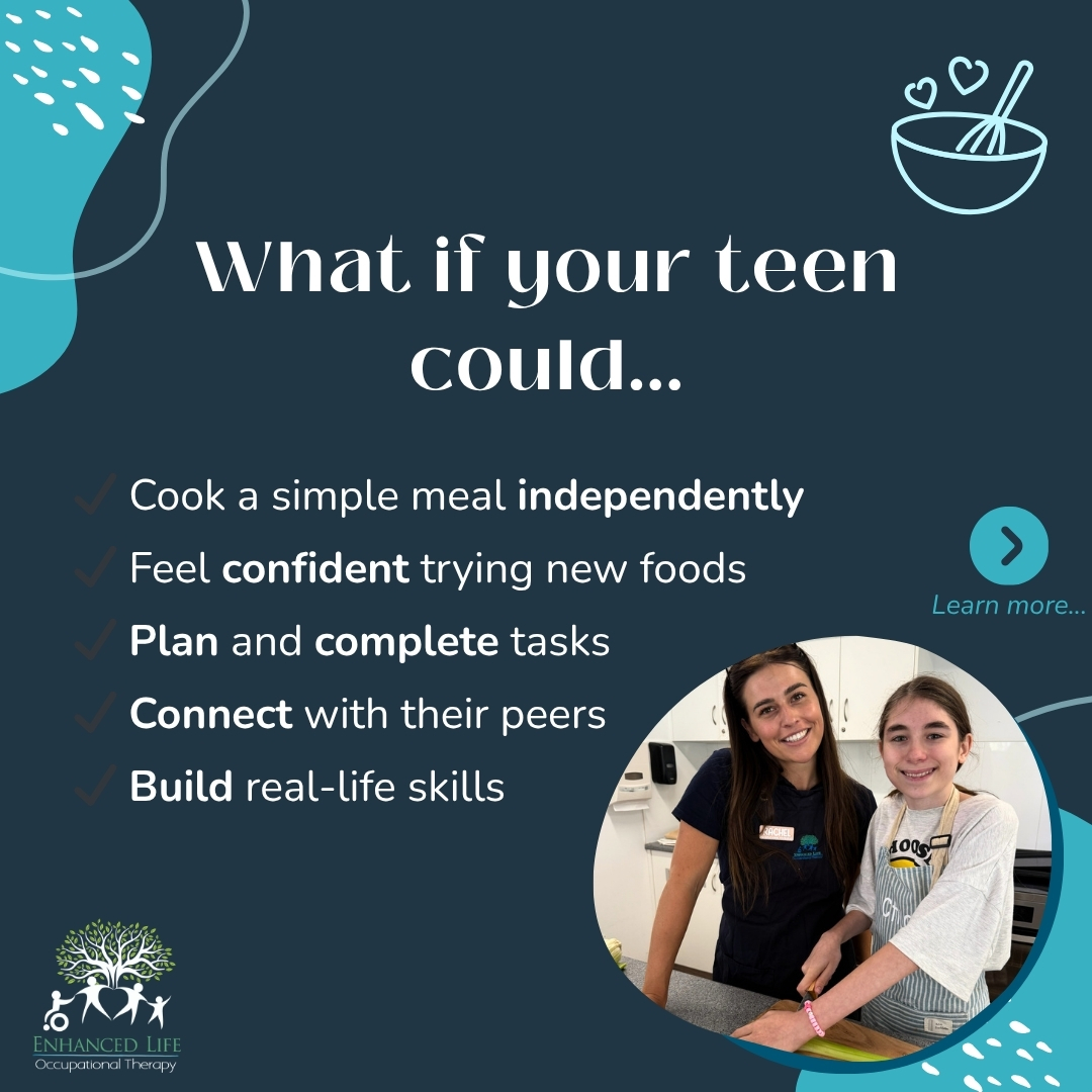 What if your teen could feel more confident in everyday life?
Our Cook, Create, Connect Teen OT Social Group is designed to support teens to build:
✔ Independence in everyday tasks
✔ Confidence trying new foods
✔ Planning and completing tasks
✔ Social connection with peers
✔ Real-life skills that carry into everyday life
And the best part?
It feels fun, relaxed and not like therapy.
Spots are limited for Term 2 - if this sounds like something your teen could benefit from, we would love to chat!
Comment TEEN or send us a message to learn more.
📍 NEW Warriewood Community Centre
🗓 Thursday afternoons | Term 2
#occupationaltherapy #paediatricot #teenagersupport #teenskills
#independenceskills #executivefunctioning #socialskills
#ndisaustralia #ndissupports #therapyforkids
#northernbeachesmums #northernbeachesnsw #warriewood
#parentingteens #lifeskills #enhancedlifeot