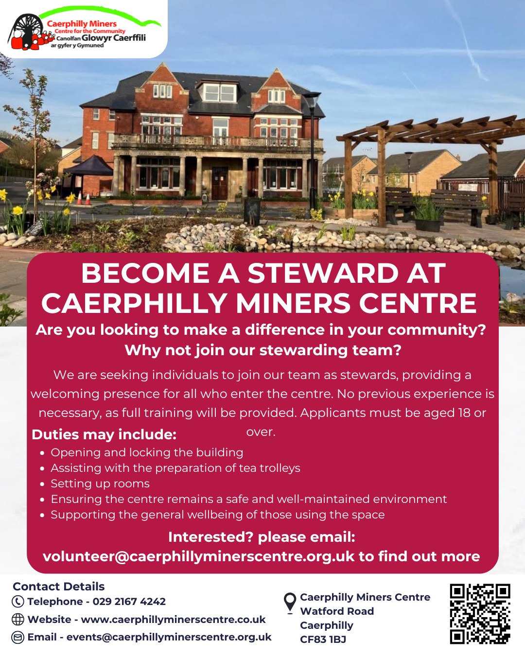 Become a Steward at Caerphilly Miners Centre! ๐ ๏ธ๐ค
Weโre looking for friendly individuals aged 18+ to join our stewarding team. No experience neededโfull training provided! Help us create a welcoming and safe space for everyone. ๐๐
We particularly need stewards on Tuesday, Thursday and Friday afternoons, as well as ad hoc weekends to support parties, baby showers and other private events.
Sign up today: https://www.caerphillyminerscentre.co.uk/volunteer-with-us
Thank you for your support! ๐
Dewch yn Stiward yn Canolfan y Glowyr Caerffili! ๐ ๏ธ๐ค
Rydym yn chwilio am bobl gyfeillgar 18+ i ymuno รขโn tรฎm stiwardio. Dim angen profiad โ bydd hyfforddiant llawn ar gael! Helpwch ni greu gofod croesawgar a diogel i bawb. ๐๐
Mae angen stiwardiaid yn arbennig ar brynhawniau dydd Mawrth, dydd Iau a dydd Gwener, yn ogystal ag ar benwythnosau yn achlysurol i gefnogi partรฏon, cawodydd babi a digwyddiadau eraill.
Cofrestrwch heddiw: https://www.caerphillyminerscentre.co.uk/volunteer-with-us
Diolch am eich cefnogaeth! ๐