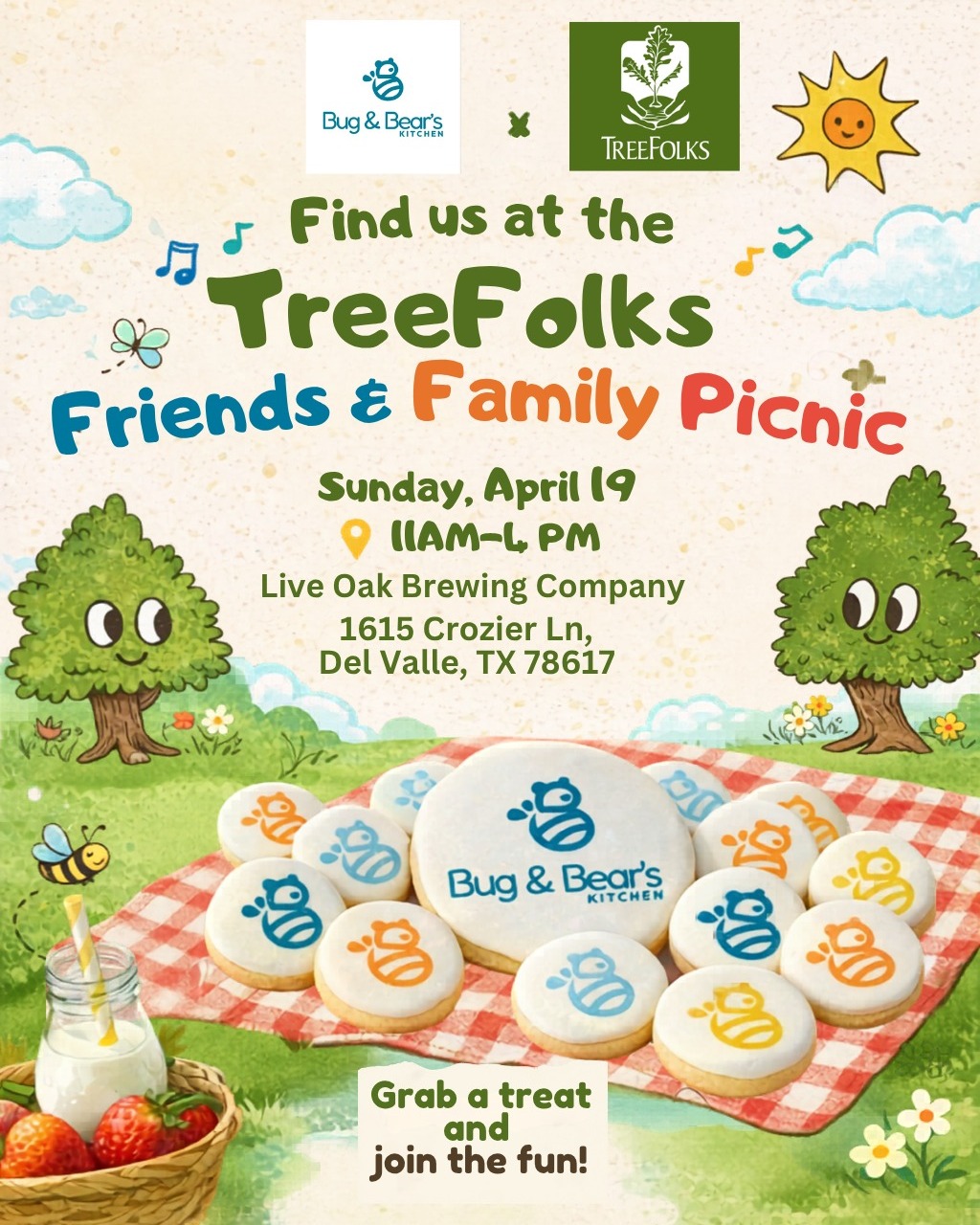 We’re excited to be part of the TreeFolks Friends & Family Picnic with TreeFolks 🌳🍪
Come enjoy the fun, say hi, and stop by Bug & Bear’s Kitchen for something sweet.
April 19 | 11 AM–4 PM
📍Live Oak Brewing Company
1615 Crozier Ln, Del Valle, TX 78617
See you there 💚
Follow @bugandbearskitchen for more sweet updates.