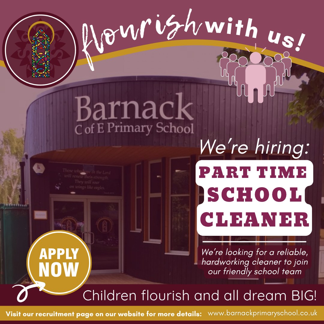 🌟 WE’RE HIRING: SCHOOL CLEANER (PART-TIME) 🌟
📍 Barnack CE Primary School
🕒 2 hours per day (3.45pm–5.45pm)
💷 £12.85 per hour
📅 Start: As soon as possible
💙 At Barnack, relationships matter. You’ll be joining a school where kindness, respect and teamwork are at the heart of everything we do.✨
No experience needed – full training provided!
📅 Closing date: 14 May 2026 (midday)
📩 Apply now by visiting My New Term: bit.ly/cleaningvacancy or the recruitment section of our school website (link in bio)
.
.
.
#SchoolJobs #NowHiring #SchoolCleaner #EducationJobs #JoinOurTeam #BarnackCEPrimary #JobsInPeterborough #SchoolCommunity #SupportStaff #MakeADifference