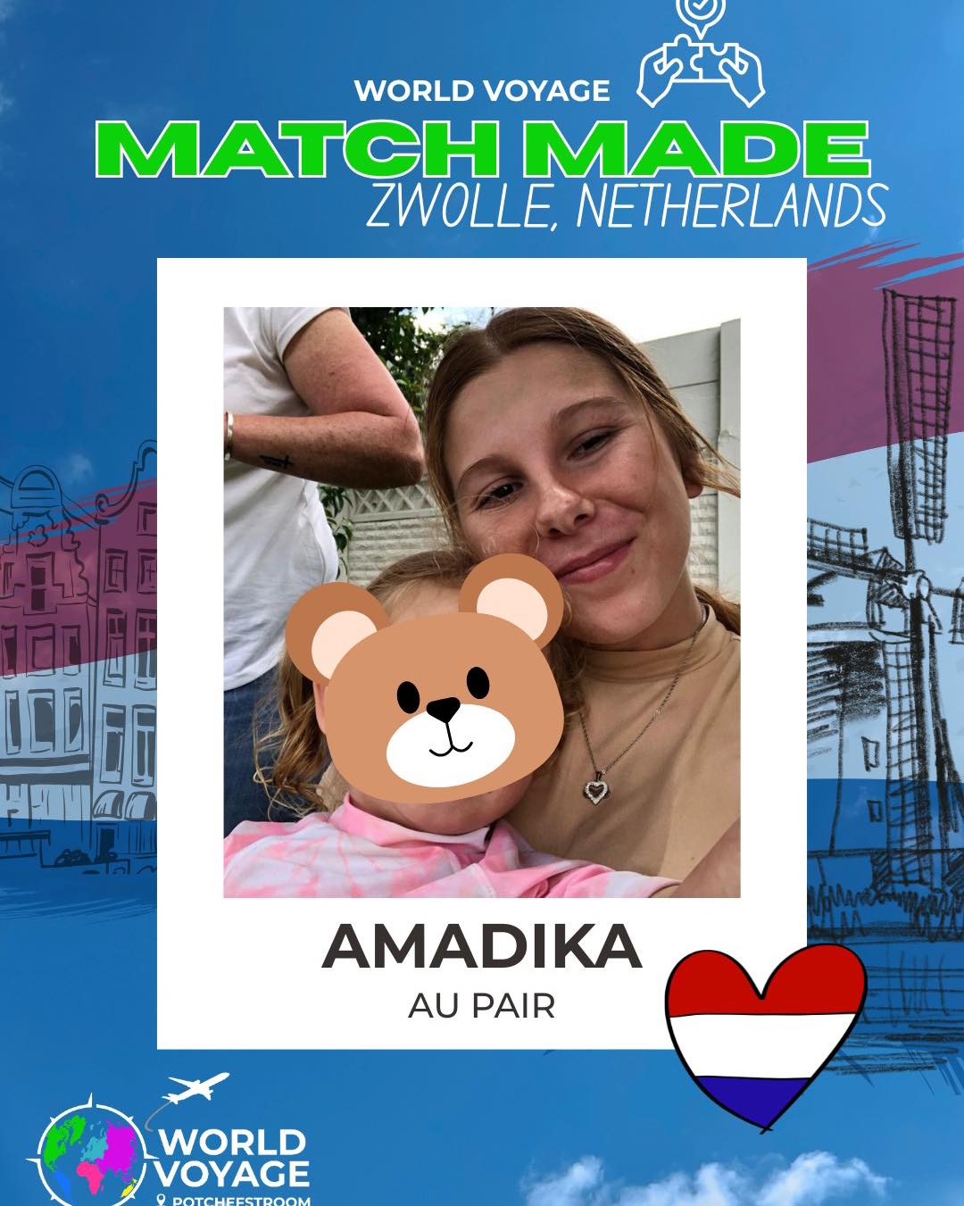 Amadika is off to the Netherlands 🇳🇱
She’s matched with a host family in Zwolle through our Potchefstroom office and we’re so excited for her to begin her new adventure!🩷✈️
Fun fact: Zwolle is known for its beautiful canals and historic city centre, with buildings that date back hundreds of years 🏙️
Amadika, wishing you the best as you settle in and make it your home💚
#WorldVoyage #AuPairLife #Netherlands #MatchMade #NewChapter