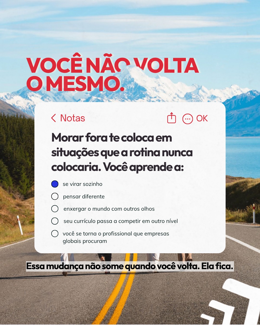 Morar fora muda você de um jeito que é difícil de explicar pra quem não foi.
Não é só o idioma. É aprender a se virar sozinho numa cidade desconhecida, tomar decisões sem a rede de apoio de sempre, conviver com pessoas de culturas completamente diferentes.
Essas situações formam uma versão de você que a rotina dificilmente construiria.
E o melhor: essa mudança não some quando você volta. Ela fica.
Link na bio | On Education
#intercambio #estudarfora #transformacaopessoal #crescimentopessoal #oneducation