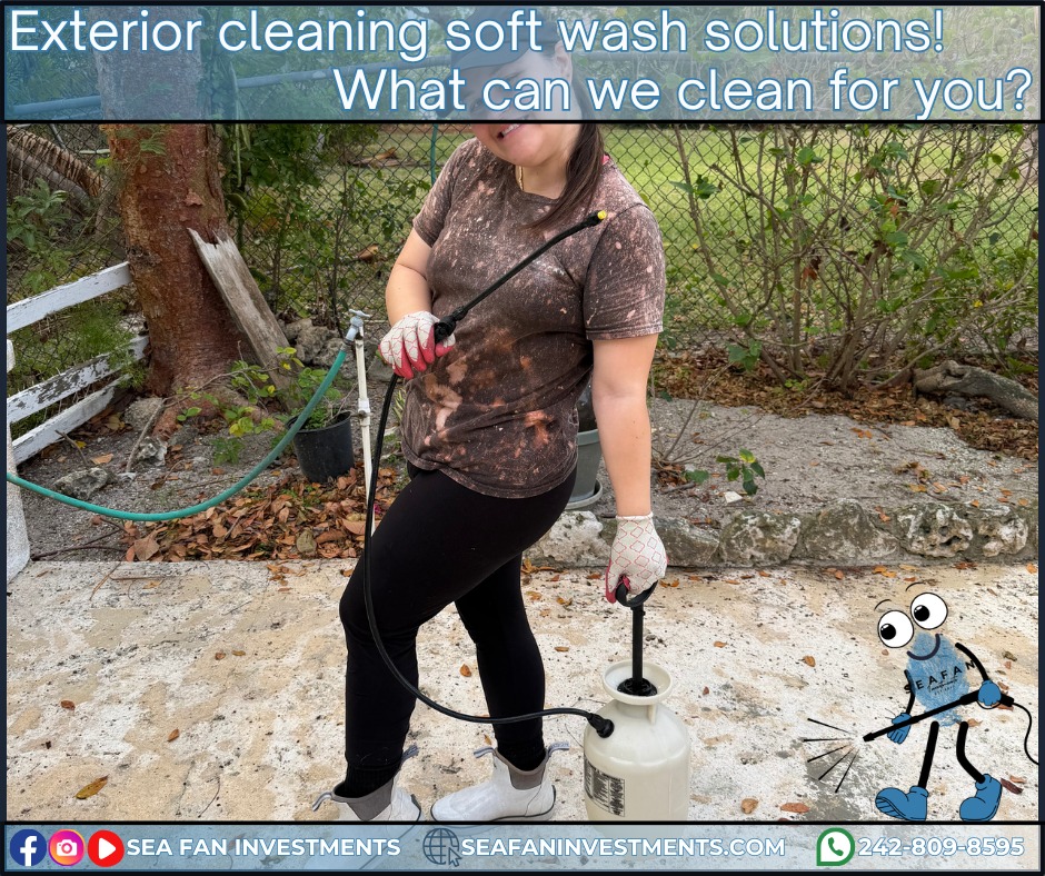 Soft washing involves the use of different chemicals to clean many exterior surfaces. We clean wood, rust stains, PVC and vinyl, oxidization, salt removal, oil removal, glass cleaning and much more! Sea Fan Investments are your soft wash professionals.
Want to learn more? Check out our blog on soft washing:
https://www.seafaninvestments.com/post/what-is-soft-washing
We don't just pressure clean! We are your soft washing professionals and provide complete exterior cleaning solutions! Concrete cleaning, house washing, roof cleaning, driveways, windows, decks, docks, pool surrounds, patios, surface sealing, paver restoration, and much more.
We have cleaned homes of all sizes, multi family properties, businesses, school campuses, churches, gas stations, apartment complexes, and manufacturing facilities. Big or small, we've cleaned it all. What can we clean for you?
We are always looking for ways to help you manage and maintain your investment.
We service Freeport, Grand Bahama π§πΈπ§πΈπ§πΈ and cater to all your property management needs.
Visit our website https://www.seafaninvestments.com/
Check us out on Google https://maps.app.goo.gl/FtLupz7nk7yhbf917
Follow us on Facebook https://www.facebook.com/SeaFanInvestments
Follow us on Instagram https://www.instagram.com/seafaninvestments/
Watch and subscribe to us on YouTube
https://www.youtube.com/channel/UCNAsDyoYIpteVf6pDe5iCQw
#pressurewashing #softwashing #roofcleaning #housewash #deckcleaning #DockCleaning #seafaninvestments #guttercleaning #drivewaycleaning #concretecleaning #soffitcleaning #sealing #stuccocleaning #poolsurroundcleaning #brickcleaning #stonecleaning #commercialroofcleaning #paversealing #dumpstercleaning #woodcleaning #oilremoval #oxidizationremoval #rusttreatment #graffitiremoval #windowcleaning #commercialcleaning #parkinglotcleaning #patiocleaning #pressurewashinggrandbahama #pressurecleaningfreeportbahama