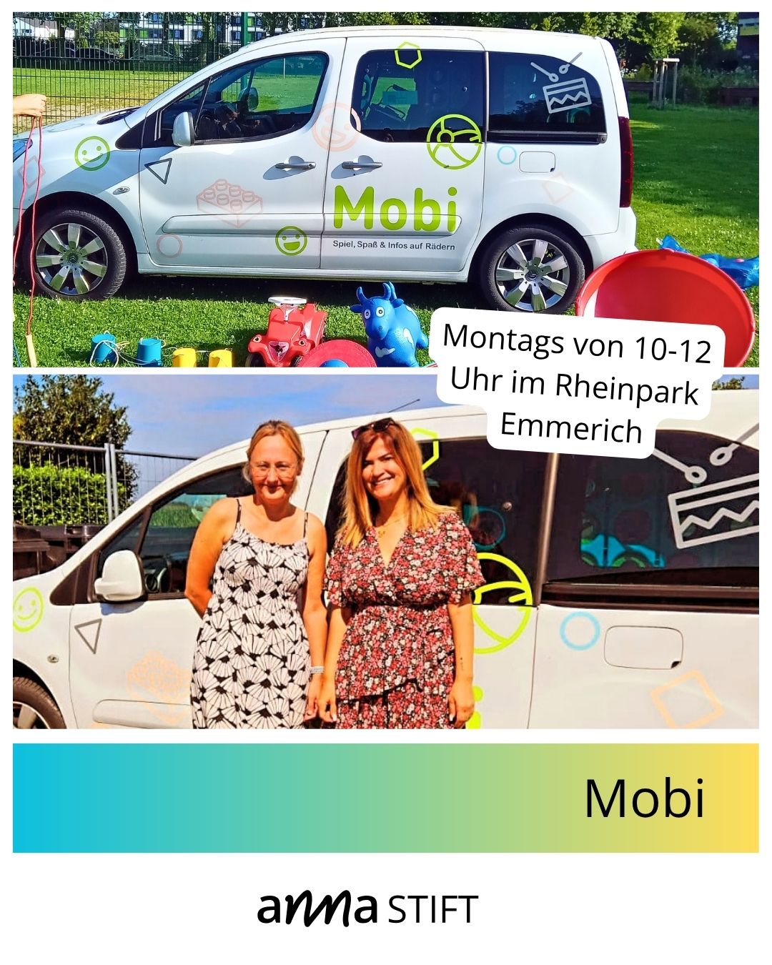 Unser Mobi startet in Emmerich in die Spielmobil-Saison!
Das Spielmobil „Mobi“ rollt an – und der Spielplatz füllt sich im Nu mit neugierigen Kindern. Kaum sind die ersten Spielsachen ausgepackt, wird gelacht, gebaut, ausprobiert und gemeinsam gespielt.
Unsere Kolleginnen schaffen hier einen offenen Raum, in dem Begegnung, Kreativität und Freude ganz selbstverständlich entstehen. Für viele Kinder ist „Mobi“ längst ein fester Termin, auf den sie sich jedes Mal aufs Neue freuen.
So entstehen kleine Auszeiten vom Alltag – mit viel Bewegung, neuen Ideen und ganz viel Gemeinschaft. 💛
Bei trockenem Wetter sind unsere Kolleginnen immer montags von 10:00 bis 12:00 Uhr im Rheinpark.
Wir freuen uns auf euch! 😊