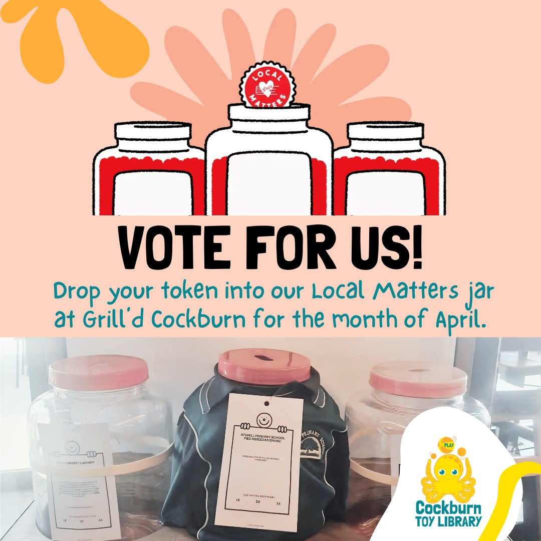 ⏳ April is flying by and our Local Matters jar at Grill'd Cockburn is waiting for your vote! Every token in our jar is a vote for more toys for little imaginations.
For our members, don't forget to pick up a voucher when you are next at Atwell or Cooby branch of the toy library. Vouchers are valid for a FREE Mini Me Pack with any purchase of a burger or salad at Grill'd Cockburn until the end of the month.