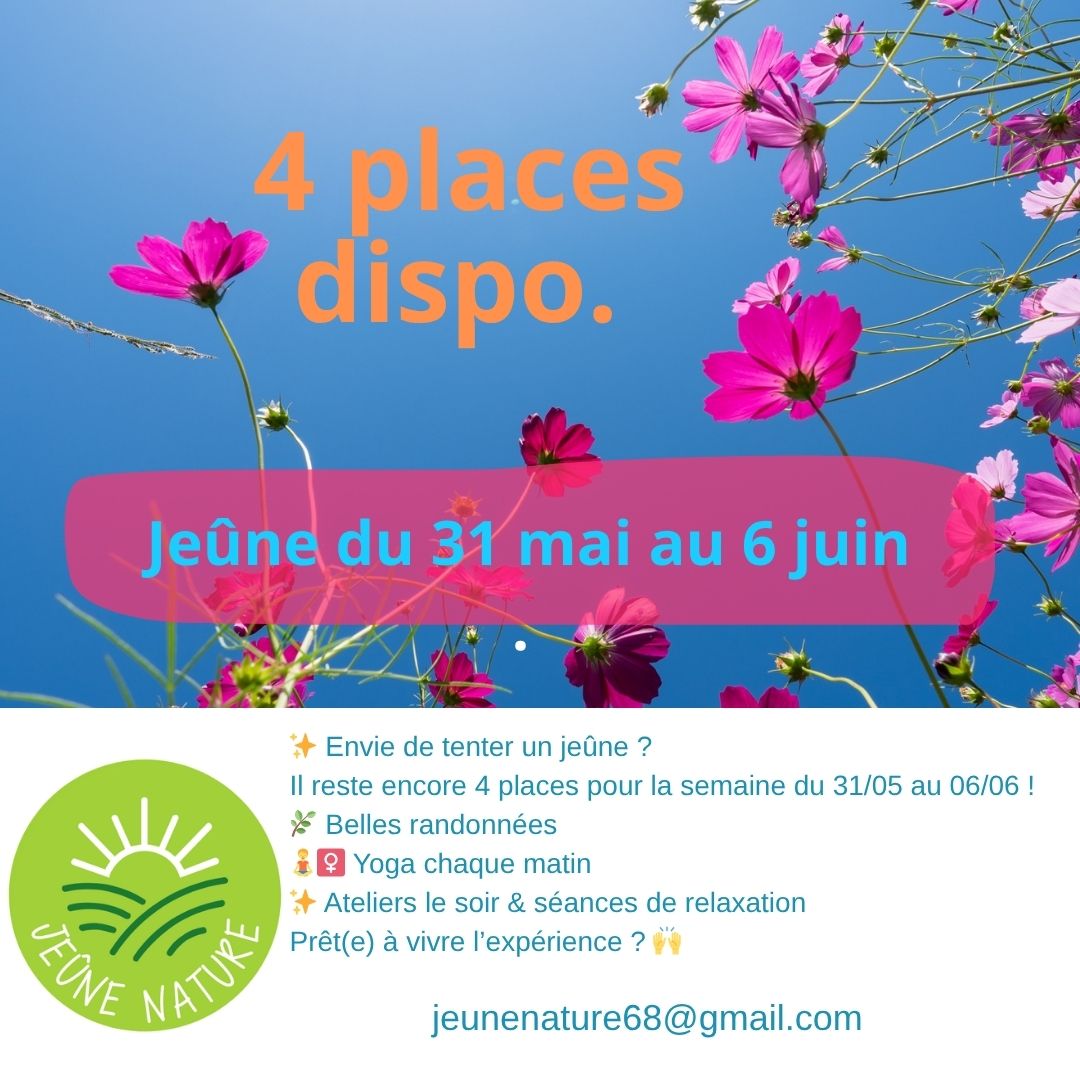 ✨ Envie de tenter un jeûne ?
Il reste encore 4 places pour la semaine du 31/05 au 06/06 !
🌿 Belles randonnées
🧘♀️ Yoga chaque matin
✨ Ateliers le soir & séances de relaxation
Prêt(e) à vivre l’expérience ? 🙌