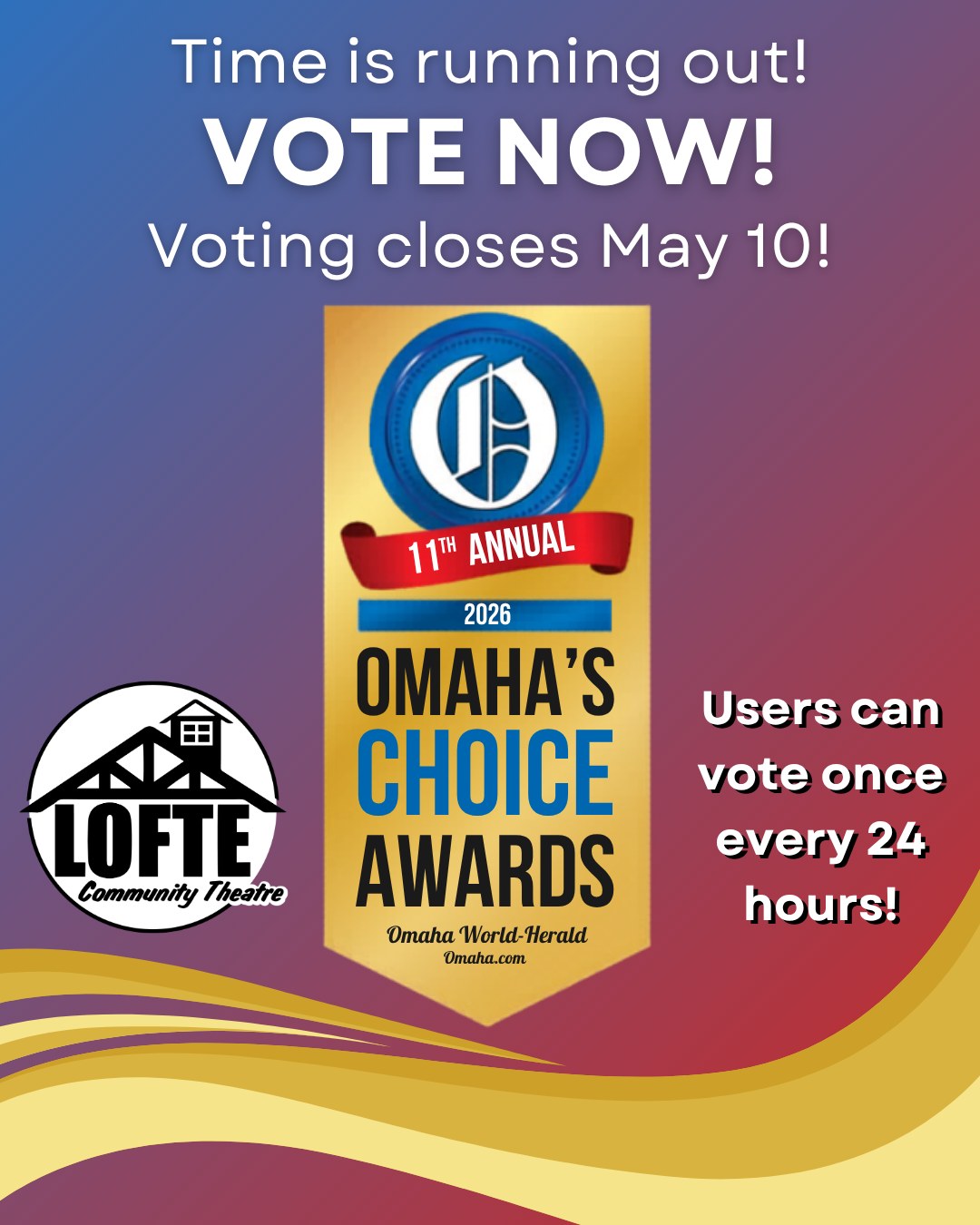 Voting for the Omaha's Choice Awards is ongoing! But don't wait, voting closes on May 10th! Visit https://omaha.com/exclusive/readerschoice/ballot-2026 to vote for your favorite businesses in the Omaha area! To support the Lofte, go to the Recreation & Entertainment Category, and vote for us for Live Theater. Participants can vote once every 24 hours, so vote often, and be sure to tell your friends and family to do the same!
#Lofte #TheLofte #BornInABarn #LofteTheater #CommunityTheater #CommunityTheatre #Volunteer #Nebraska #CassCounty #Omaha #WeepingWater #Manley #theatre #theater #live #livetheater #livetheatre #localtheater #localtheatre #omahaschoice #omahaschoice2026