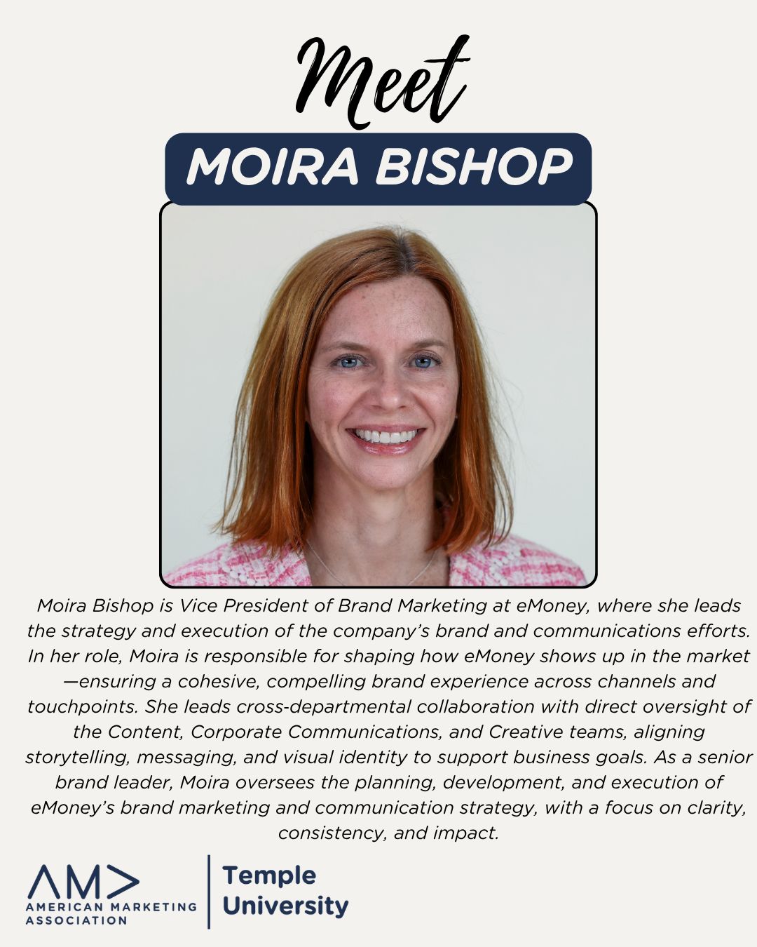 🚨 Today’s the day!
Join us in Alter LL35 from 12–12:50 PM as we welcome Moira Bishop ! She will share her insight on being the VP of Brand Marketing at eMoney Advisor.
Don’t miss it!