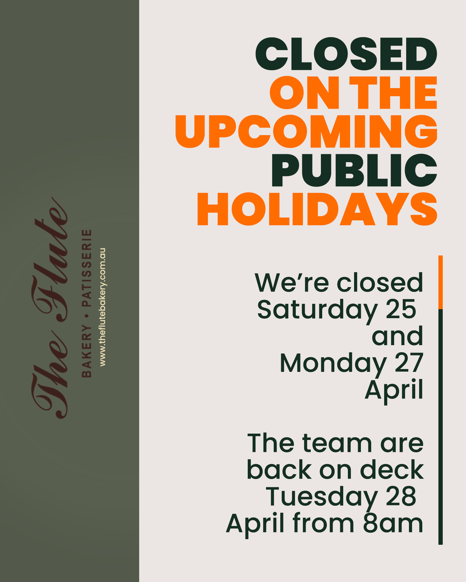 We’ll be taking a short break over the upcoming public holidays.
Closed Saturday 25 April and Monday 27 April.
Back baking and serving you the best Tuesday 28 April from 8am 😎