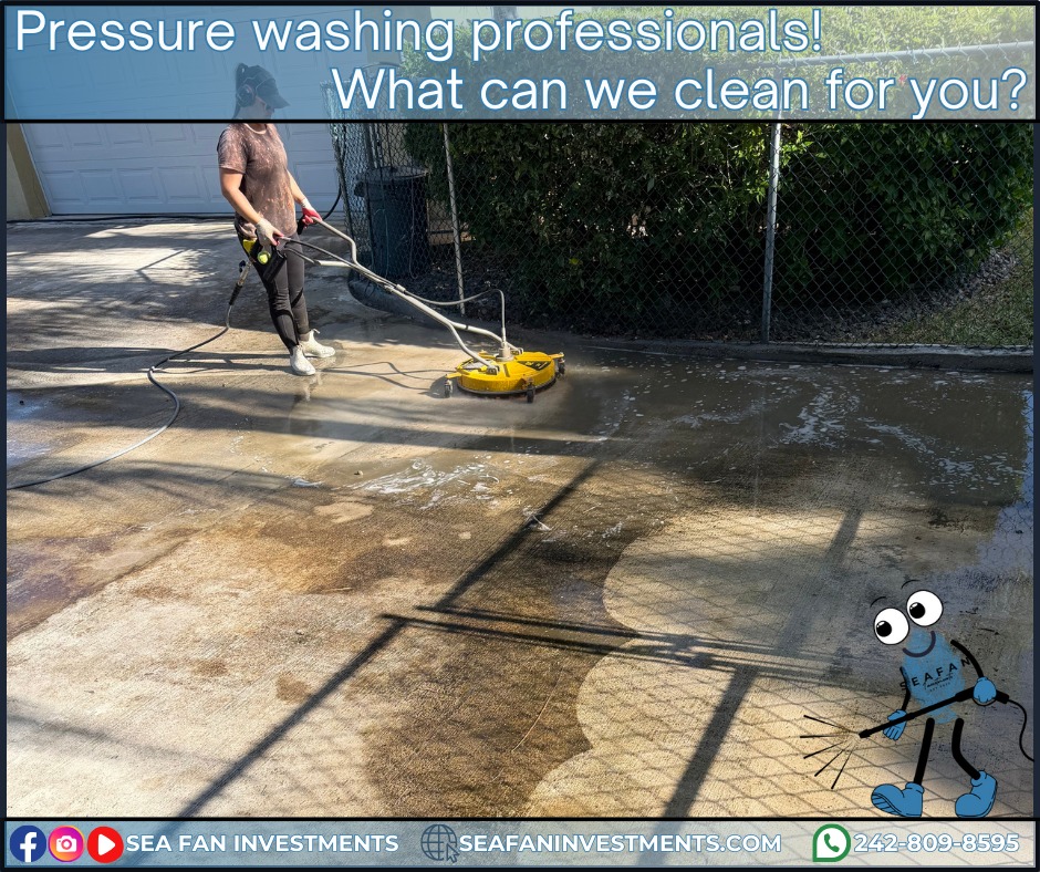 Sea Fan Investments can clean over 10,000 square feet of flatwork a day. Big or small, we clean it all.
Want to learn more? Check out our blog on pressure washing:
https://www.seafaninvestments.com/post/what-is-pressure-washing
We don't just pressure clean! We are your soft washing professionals and provide complete exterior cleaning solutions! Concrete cleaning, house washing, roof cleaning, driveways, windows, decks, docks, pool surrounds, patios, surface sealing, paver restoration, and much more.
We have cleaned homes of all sizes, multi family properties, businesses, school campuses, churches, gas stations, apartment complexes, and manufacturing facilities. Big or small, we've cleaned it all. What can we clean for you?
We are always looking for ways to help you manage and maintain your investment.
We service Freeport, Grand Bahama π§πΈπ§πΈπ§πΈ and cater to all your property management needs.
Visit our website https://www.seafaninvestments.com/
Check us out on Google https://maps.app.goo.gl/FtLupz7nk7yhbf917
Follow us on Facebook https://www.facebook.com/SeaFanInvestments
Follow us on Instagram https://www.instagram.com/seafaninvestments/
Watch and subscribe to us on YouTube
https://www.youtube.com/channel/UCNAsDyoYIpteVf6pDe5iCQw
#pressurewashing #softwashing #roofcleaning #housewash #deckcleaning #DockCleaning #seafaninvestments #guttercleaning #drivewaycleaning #concretecleaning #soffitcleaning #sealing #stuccocleaning #poolsurroundcleaning #brickcleaning #stonecleaning #commercialroofcleaning #paversealing #dumpstercleaning #woodcleaning #oilremoval #oxidizationremoval #rusttreatment #graffitiremoval #windowcleaning #commercialcleaning #parkinglotcleaning #patiocleaning #pressurewashinggrandbahama #pressurecleaningfreeportbahama