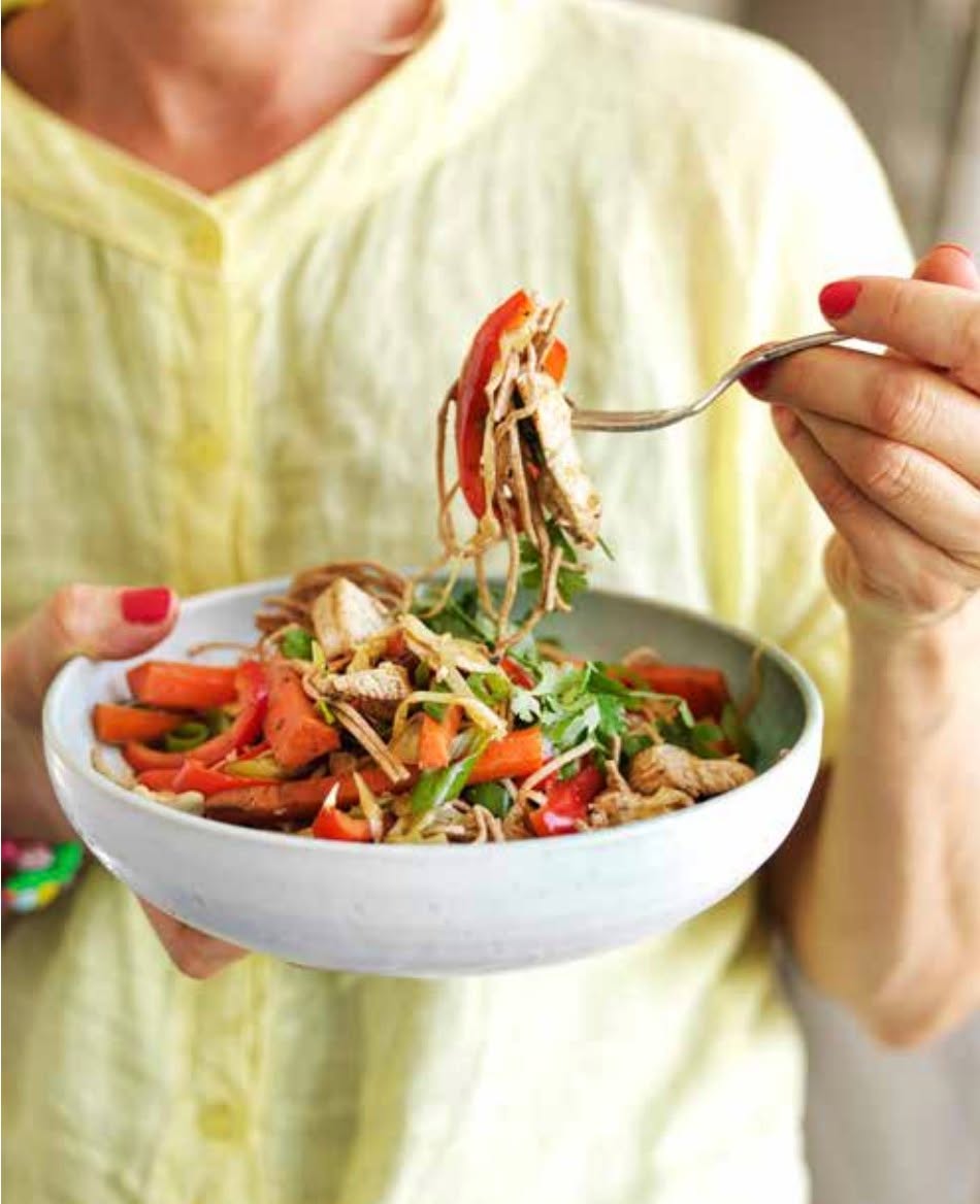 Wok med kylling, grønt og nudler
-nem hverdagsmad
2 personer.
2 spsk. rapsolie eller ekstra jomfruolivenolie
250 g kylling, i strimler
2 spsk. rapsolie eller ekstra jomfruolivenolie
1 tsk. karry
1 tsk. spidskommen
1 tsk. Chipotle-chili (kan udelades)
2 tsk. paprika
1-2 forårsløg, skåret i skiver på skrå, gem lidt til pynt.
250 g gulerod, skæres i stave eller revet groft
100 g peberfrugt, skæres i stave
100-200 g spidskål/hvidkål, fintsnittet
2 spsk. østerssauce el. sojasauce
lidt salt og peber
50 g fuldkornsnudler
Topping
15-20 cashewnødder, finthakket
frisk koriander
Lad olien blive varm i en sauterpande, og steg kyllingen af. Tag kyllingestrimlerne af, og tilsæt ny olie. Tilsæt krydderierne, og steg dem af. Tilsæt grøntsagerne og østerssauce, og steg ved kraftig varme i ca. 3 min. Tilsæt kyllingen,
og steg retten færdig 1-2 min.
Kog imens nudlerne efter anvisningen på pakken. Hæld dem til afdrypning
i en sigte, og vend dem sammen med kylling og grøntsager.
Drys med cashewnødder og frisk koriander, og server straks.
Opskriften er fra vores bog STÅ AF VÆGTEN
www.hartvig-engell.dk/butik