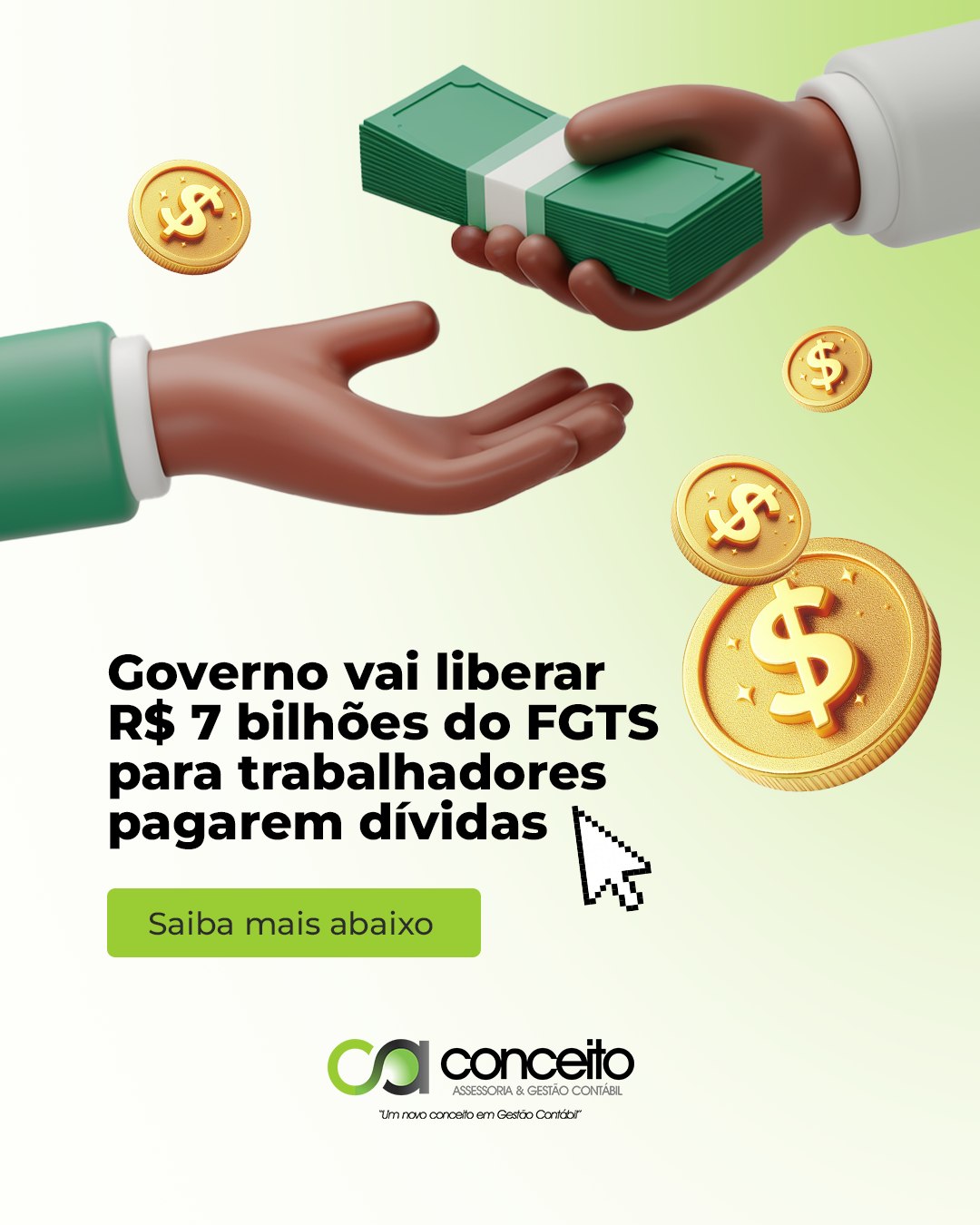 Governo vai liberar R$ 7 bilhões do FGTS para trabalhadores pagarem dívidas
Uma nova medida do governo federal vai permitir que os trabalhadores utilizem o saldo do Fundo de Garantia do Tempo de Serviço (FGTS) para a quitação de débitos. A expectativa é que R$ 7 bilhões sejam liberados, ajudando milhares de brasileiros a sair da inadimplência e recuperar o crédito no mercado.
Essa é uma oportunidade de ouro para quem está com o nome negativado utilizar um recurso próprio para limpar o CPF. Mas atenção ao planejamento: o ideal é usar esse dinheiro de forma estratégica, priorizando sempre a renegociação das dívidas que possuem os juros mais abusivos, como as de cartão de crédito e cheque especial.
⚠️ Alerta importante: sempre que medidas como essa são anunciadas, golpistas entram em ação. Lembre-se de que a liberação ocorrerá exclusivamente pelos canais oficiais da Caixa Econômica Federal ou pelas plataformas do governo. Nunca clique em links suspeitos de WhatsApp ou pague taxas antecipadas a terceiros com a promessa de "facilitar" a liberação do seu FGTS.
Precisa de orientação jurídica e financeira para renegociar suas dívidas com os bancos de forma segura e garantir que seus direitos sejam respeitados nesse acordo?
Fale com a Conceito: 📲 (51) 99954-9953 | 🌐 www.conceito.cnt.br
#ConceitoContábil #FGTS #RenegociacaoDeDividas #SaqueFGTS #NomeLimpo #DireitoDoConsumidor #EducacaoFinanceira #PlanejamentoFinanceiro #ContabilidadeConsultiva #DireitoBancario