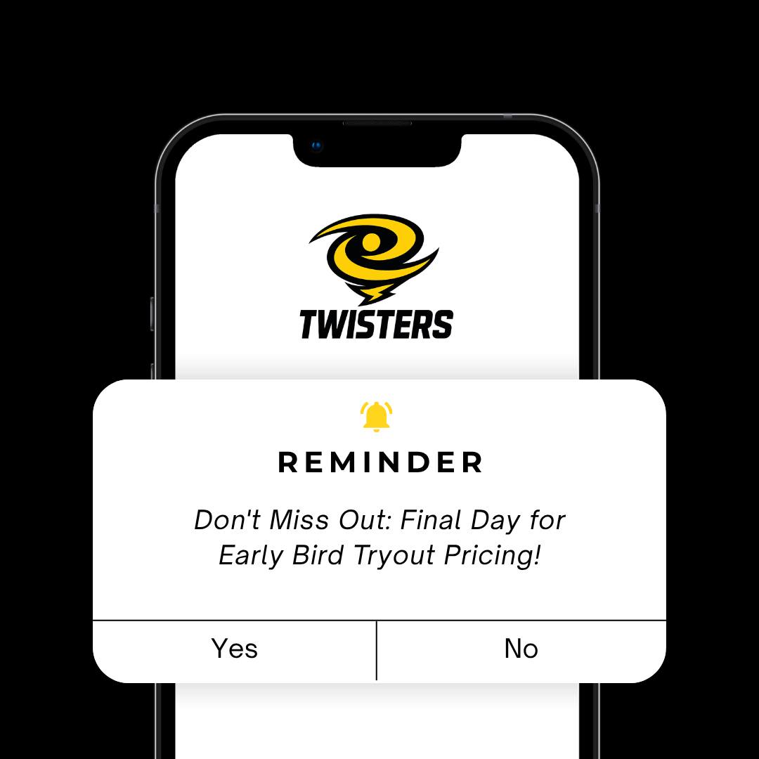 Today is the LAST day for early bird pricing! Don’t miss out—register for full-year tryouts today! #twisterallstars #thestormiscoming⚡️