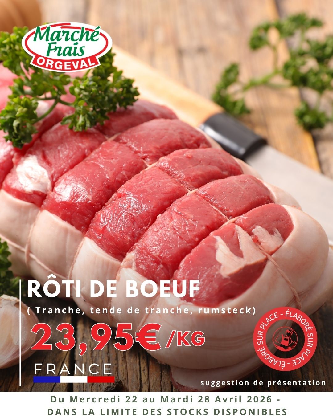 Découvrez les promotions et idées recettes de la semaine
du mercredi 22 au mardi 28 avril 2026 😉
Tout est là pour composer des repas simples mais ultra efficaces au Marché Frais Orgeval.
🥒 Concombre français
• Salade concombre, yaourt & herbes fraîches
• Tzatziki maison
• Concombre, feta & citron
• Version croquante à l’apéro
🍊 Clémentine Orri
• Salade d’agrumes fraîche
• Clémentines en dessert léger
• Gâteau moelleux à la clémentine
🥩 Rôti de bœuf (TT, TG, rumsteck)
• Rôti au four, cuisson parfaite avec des pommes de terre grenailles
• Rôti froid, salade & crudités
• Sandwich rôti de bœuf maison
🥓 Travers de porc (nature ou mariné)
• Travers caramélisés au four
• Version barbecue
• Marinade miel & soja
🍖 Boudin noir (oignon ou pomme)
• Purée maison & boudin
• Poêlée boudin & oignons
• Version bistrot rapide
👉 Des idées simples, efficaces… et qui font vraiment plaisir.
📍 Marché Frais Orgeval, magasin indépendant et familiale
#fruitsetlegumes #mangersain #ideesrecettes #orgeval #epicerie