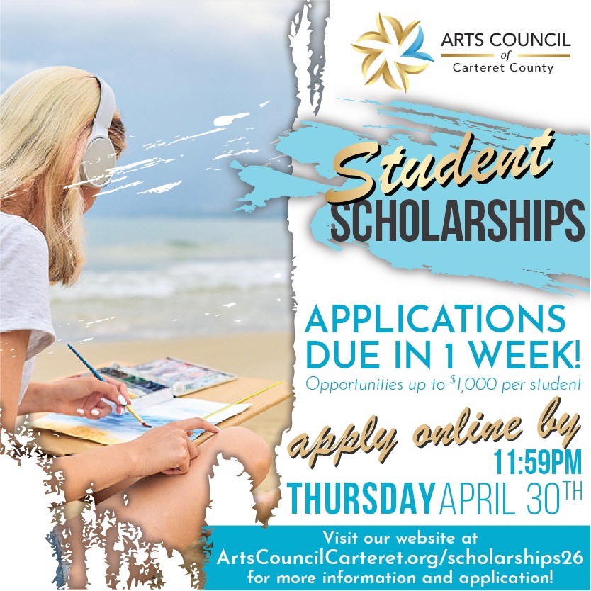 ⏳ ONE WEEK TO APPLY! ⏳ The Arts Council of Carteret County (ACCC) offers scholarship opportunities of up to $1,000 per student to provide tuition assistance to students pursuing degrees in the arts at the college level (two- or four-year program) or the North Carolina School of the Arts. These are one-time (non-renewable) scholarships 🧑🎓🧑🎨
The upcoming deadline for applications to be dropped off at ACCC is next Thursday, April 30.
Full scholarship info, applications, and deadline dates can be found at ArtsCouncilCarteret.org/scholarships26
Direct link to application: https://docs.google.com/forms/d/e/1FAIpQLSc_Y1SpDwRNlEaJjQM-opWRYkAh2JDpi8HeD6uI3TK6E_2NEQ/viewform?usp=publish-editor
#artintheschools #artscholarships #studentscholarships #carteretcountyarts #carteretcountyscholarships