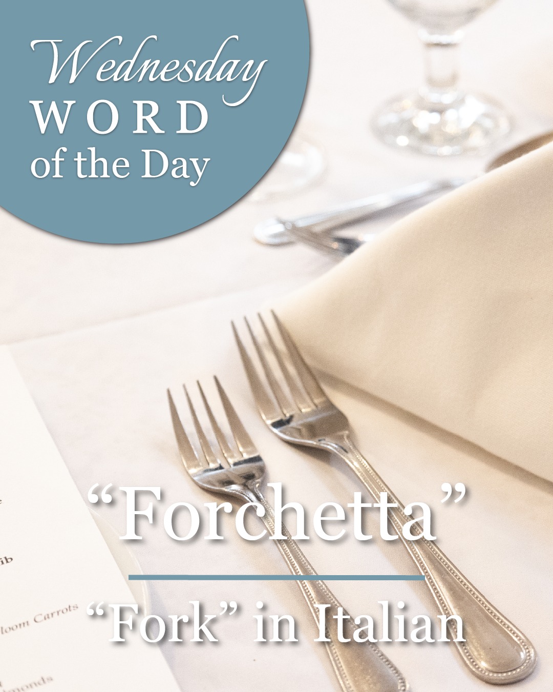Wednesday Word of the Day: Forchetta
Translation: Fork
Because every great Italian meal starts with picking up your forchetta.
#WednesdayWord #ItalianWordOfTheDay #Forchetta #PastaTime #ItalianDining