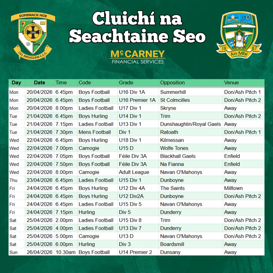 Cluichí na Seachtaine seo 🏐
Make sure you get out in your club colours to support our teams!
Domhnach Mór Abú 🟢⚪️