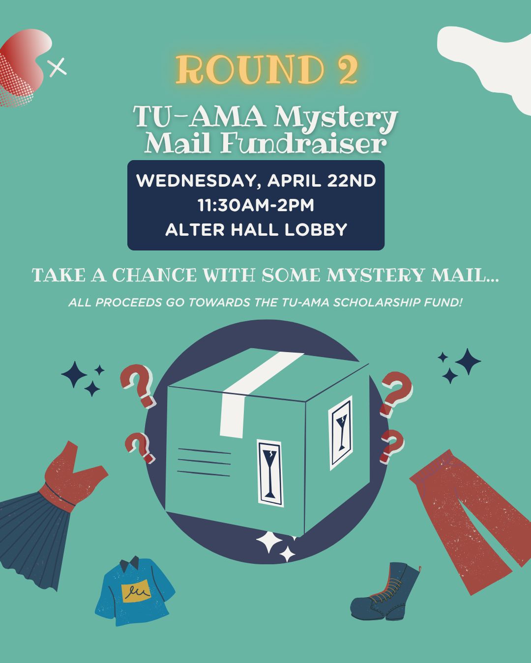 🎭📬 Mystery Mail is BACK… Round 2!
Missed your chance the first time? Or ready for another surprise? 👀💌
Purchase a Mystery Mail and we’ll deliver something sweet, funny, or totally unexpected—because you never know what you’ll get 🤭✨
Join us again for our Mystery Mail Fundraiser and help support the TU-AMA Scholarship Fund while spreading some fun around campus 🎉
📍 Alter Hall Lobby
🗓 Wednesday, April 22
⏰ 11:30 AM – 2 PM
Don’t miss Round 2—stop by and grab yours before they’re gone! 🔥📬
