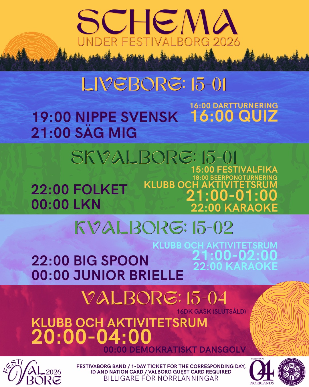 🌄 SCHEMAT FÖR FESTIVALBORG 🌄
Schemat för festivaldagarna hittar du i bilden ovan, på nationens hemsida och i Facebook-eventet.
Under Festivalborg avviker öppettiderna från det ordinarie. Se nedan:
Under hela v. 18 (27/4 - 3/5) är all ordinarie verksamhet i Majs café (frukost, lunch och fika) stängd. Onsdagsklubben Hexagon, biblioteket och studieplatserna håller stängt under samma period.
Kansliet håller öppet 27/4 - 29/4 kl. 13-15. Kansliet är stängt 30/4 - 3/5.
Festivalborgs öppettider:
Måndag 27/4:
Orvars krog: 15-01
Tisdag 28/4:
Orvars krog: 15-01
Klubb: 21-01
Onsdag 29/4:
Orvars krog: 15-01
Klubb: 21-02
Torsdag 30/4:
Orvars krog: 15-01
Gask: 16DK (slutsåld)
Släpp: 20-04
___
The schedule over the festival days can be found in the picture above, in the Facebook event, and on the nation's website.
During Festivalborg, the opening hours differs from the usual. See below:
During April 27th - May 3rd, all regular activities at Majs café (breakfast, lunch, and fika), the Wednesday club Hexagon, the library and study places are closed.
The reception (kansli) is open 27/4 - 29/4 at 13-15, and closed 30/4 - 3/5.
Opening hours during Festivalborg:
Monday 27/4:
Orvars krog: 15-01
Tuesday 28/4:
Orvars krog: 15-01
Clubb: 21-01
Wednesday 29/4:
Orvars krog: 15-01
Clubb: 21-02
Thursday 30/4:
Orvars krog: 15-01
Gask: 16DK (This event is full)
Släpp (club): 20-04