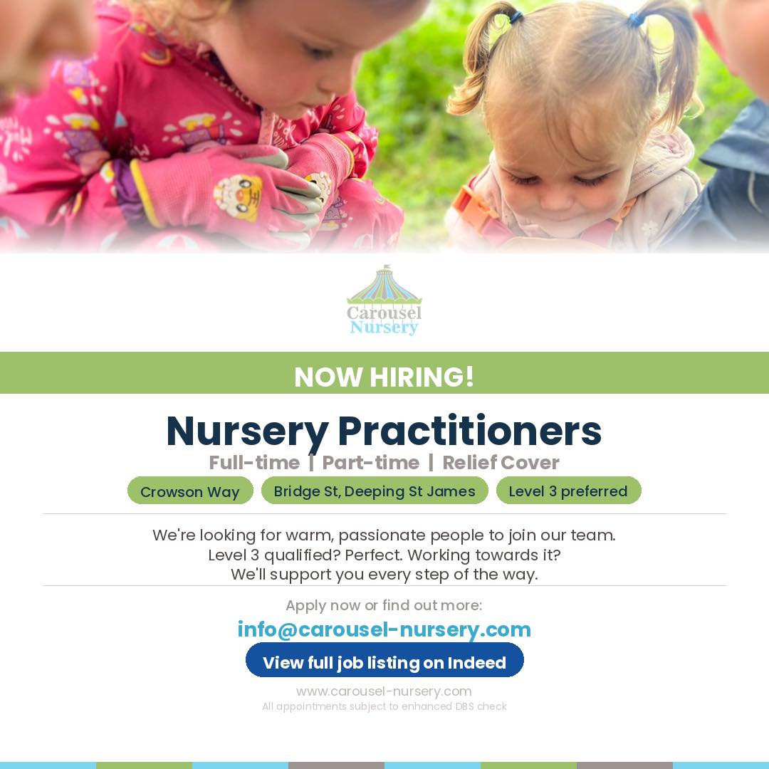 We're hiring at Carousel Nursery! ๐ฟ
We're looking for warm, passionate Nursery Practitioners to join our brilliant team across our Crowson Way and Bridge Street sites in Deeping St James.
Whether you're fully Level 3 qualified, working towards it, or looking for full-time, part-time or relief cover hours โ we want to hear from you.
Why Carousel? Because we're a team that genuinely supports each other, invests in your development, and puts children at the heart of everything we do.
๐ Click the link below to view the full job listing on Indeed, or email us directly at info@carousel-nursery.com
All appointments subject to an enhanced DBS check.
#NowHiring #NurseryJobs #EarlyYears #CarouselNursery #DeepingStJames #Peterborough #ChildcareJobs #EYFS
https://uk.indeed.com/job/early-years-practitioner-c2eb22a61b82507d