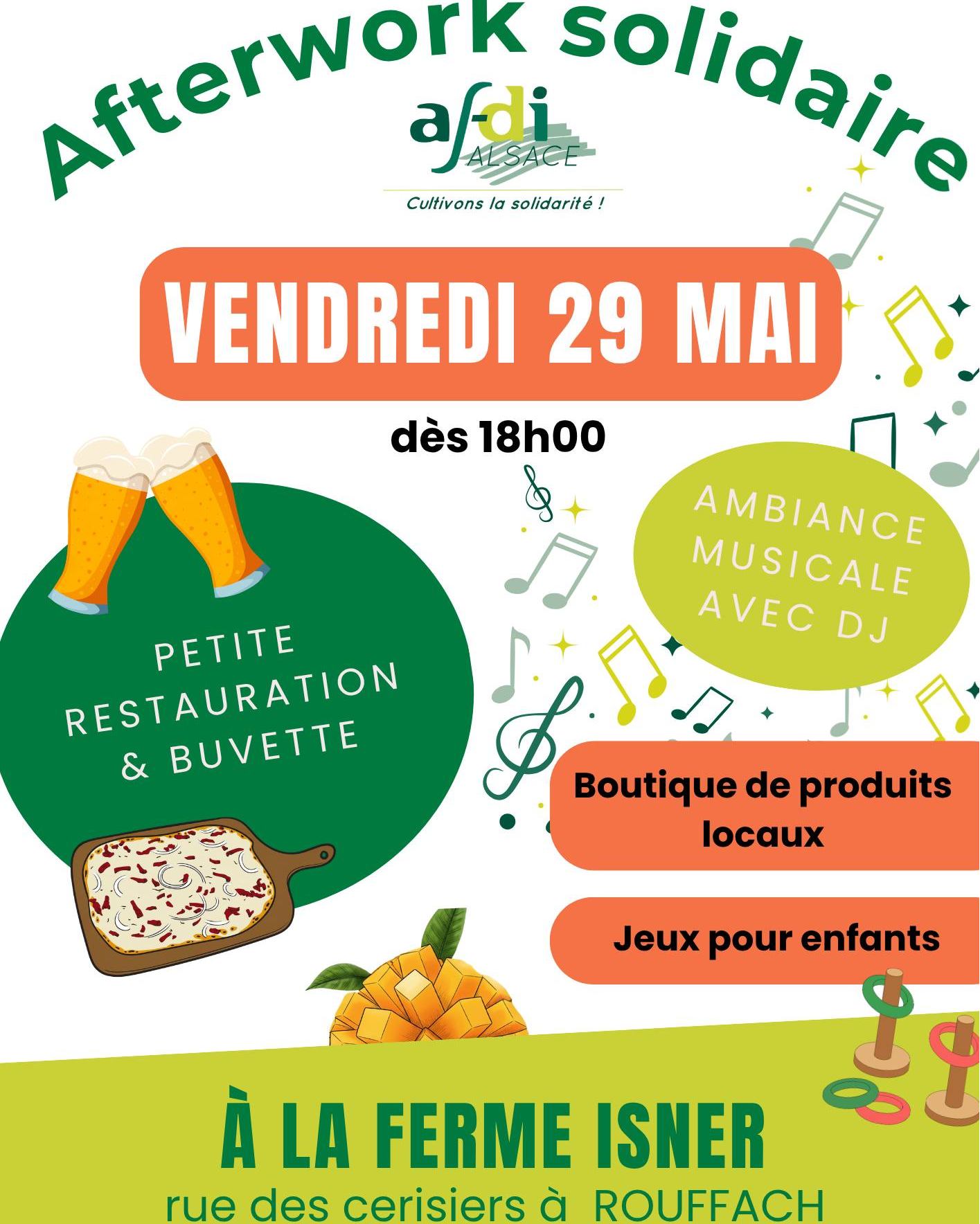 ✨🍸 AFTERWORK SOLIDAIRE 🍸✨
Amateurs de bonne humeur et de verres bien remplis… Préparez-vous, car l’événement du mois de mai arrive !
Au programme :
🔥 Ambiance détendue
🍹 Boissons rafraîchissantes
🎶 Musique qui fait bouger
🤝 Bonnes tartes flambées
On vous attend nombreux pour trinquer ensemble !
Les inscriptions ne sont pas obligatoires mais appréciées : https://docs.google.com/forms/d/e/1FAIpQLScdp8Ni8JRzzoSkJoCK9SbhfgZMETizvWgbKDh-bLXqRxsv7g/viewform?usp=sharing&ouid=110619930711477378722
