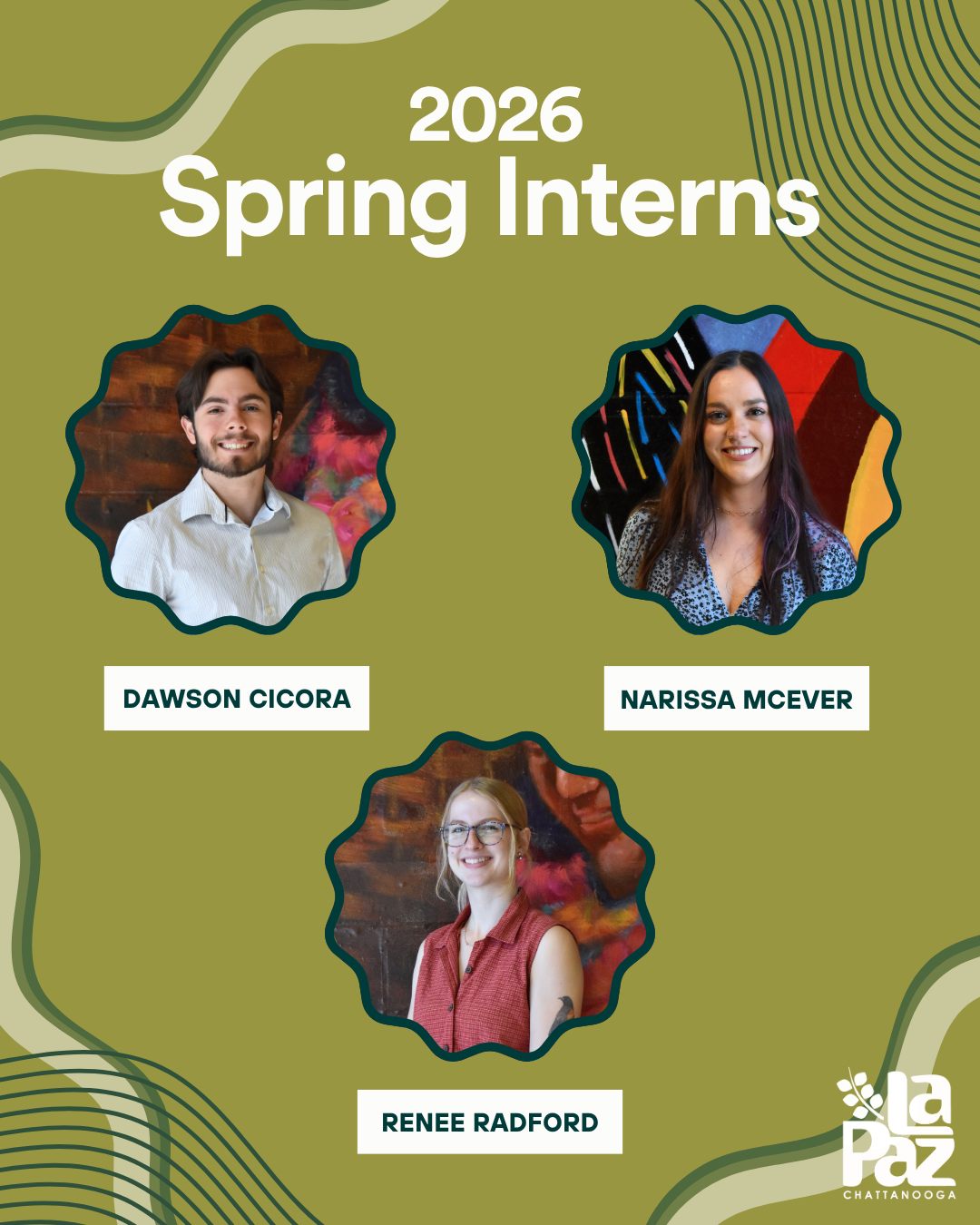 Para cerrar la Semana Nacional del Voluntariado, les presentamos a nuestros pasantes de la primavera de 2026.๐
Este semestre hemos dado la bienvenida a Dawson, Narissa y Renee, quiรฉnes han estado involucrados en ayudar y mejorar nuestros recursos. Ya sea ampliando nuestro huerto comunitario o investigando sobre comidas nutritivas adaptadas para familias latinas, este equipo ha movido montaรฑas para garantizar que los miembros de nuestra comunidad tengan una buena alimentaciรณn.๐ฅฐ
ยกMuchรญsimas gracias por todo su trabajo! ยกSus esfuerzos no pasan desapercibidos! Si quieres saber mรกs sobre Dawson, Narissa y Renee, puedes leer el blog completo en el enlace -> https://www.lapazchattanooga.org/post/meet-our-2026-spring-interns-dawson-narissa-and-renee ๐