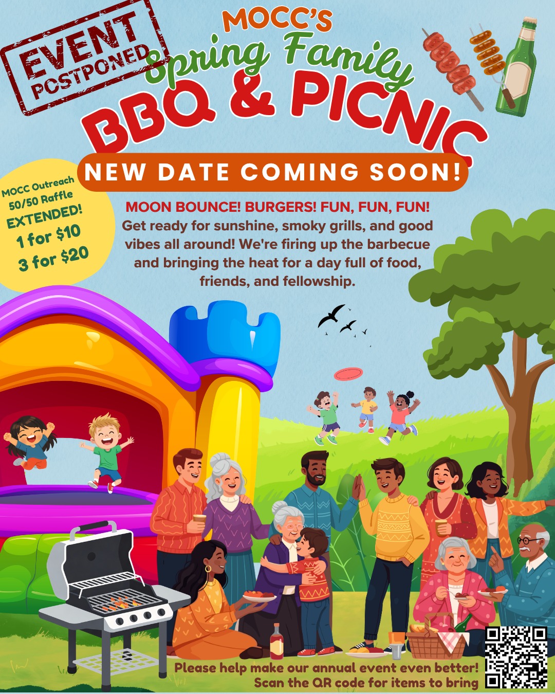 Ribs and rain?
Sausages and storms?
NO THANKS.
The Men of Christ Church have decided to play it safe and postpone this Saturday's Spring Family BBQ and Picnic so that we can enjoy the day under sunnier skies and warmer temps later this spring. The new date will be settled on in the coming days, and announced in this Thursday's Gatherings email.
The MOCC folks will be in touch directly with those of you who have signed up to provide side dishes and setup assistance (thank you!), and we hope you'll participate on the new date to help make it the best community gathering of the year. Whether or not you have already volunteered, please visit https://cecevents.org/FamilyPicnic2026 later this weekend for the updated form.
The MOCC's 50/50 Raffle drawing is also being extended to the new date, which means you still have time to get in on this exciting way to help raise funds for the MOCC's outreach programs. You can purchase one ticket for ten dollars, or you can buy three for the price of two - and the more participants, the larger the winnings!
This no-charge event is a new MOCC fellowship gathering that connects generations and celebrates our church family, and we very much look forward to seeing you there at its soon-to-be rescheduled date!