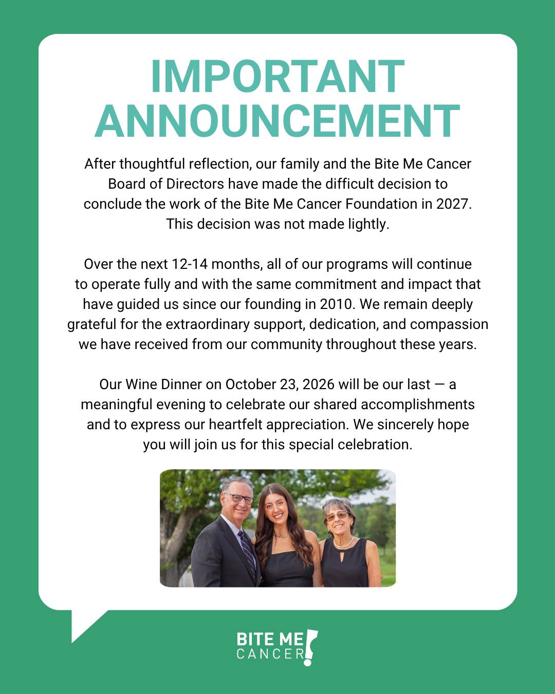 Please take a moment to read this important announcement from Nikki and her family 💚
As shared in this message, we will begin to close the foundation in 2027—but our mission continues strong through the next year.
✨ Teen Support Bags will continue to be distributed into 2027
✨ Scholarships will be awarded in 2027
✨ Meals will still be delivered in 2016
✨ Dave & Buster's event will still happen in 2016
✨ Research support will continue as possible
Because of you, thousands of teens facing cancer have felt seen, supported, and less alone. That impact doesn’t stop today.
Join us on October 23 for our final Wine Dinner as we celebrate everything we’ve built together. The link is in the bio.
🔗 Link in bio