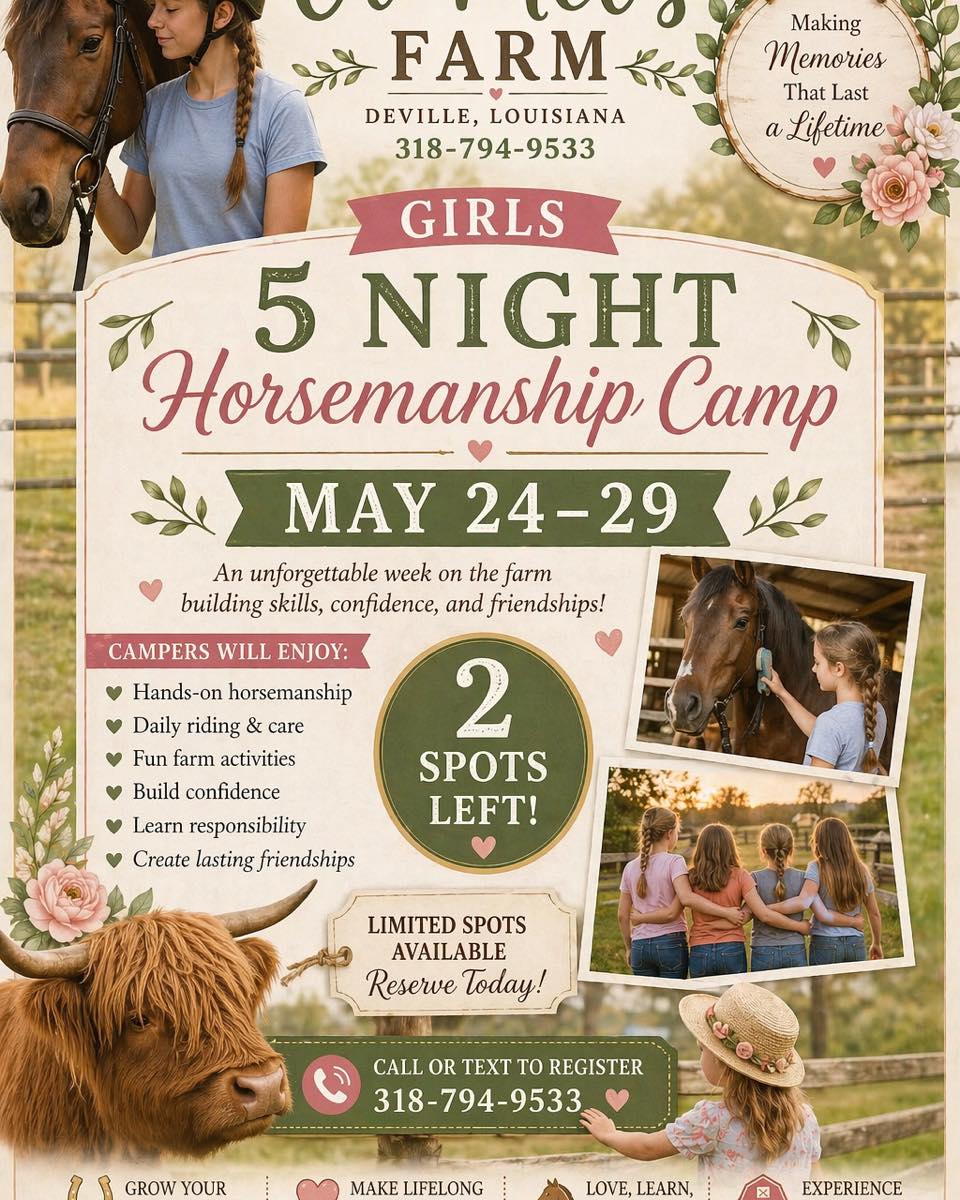 Calling girl moms!! Does your daughter love horses??!!?? Only spots left for our girls 5 night Horsemanship camp. Call or text Mel at 318-794-9533 to reserve your spot today!!!
2X lessons per day
Lots of animal time
18 foot Water slide fun daily
Arts/crafts
Fishing
Meals/lodging
And more!!!!
$100 non refundable deposit to reserve which goes toward the total cost of $975.
#farm #camp #summercamp #horse #horsemanship #HorseRiding