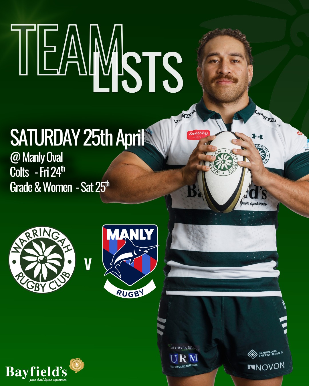 👉TEAM LISTS ARE OUT 🔥
It's the big one! BATTLE OF THE BEACHES DERBY
Our Colts are playing under lights tonight
Then on ANZAC DAY we venture into the land of blue & red when we take on the Marlins
There will be with a memorial service before 1st Grade, to acknowledge Australia’s Servicemen and Women who gave their lives to this great nation
🗓️ 24th & 25th April
📍Manly Oval
⏰ Main game @ 3:10pm | Action from 9:10am
🎟️ Grab your tickets early & avoid the queue (it's sure to sell out)
Get ready Rats Fans and lets turn Manly green and white!!! 🟢⚪️🐀
@friendsofwarringah @warringah_womensrugby @warringahratsjuniors @warringahhillbillies #shuteshield @manlymarlins @manlymermaids
#ratfamily #raturday #warringahrugby