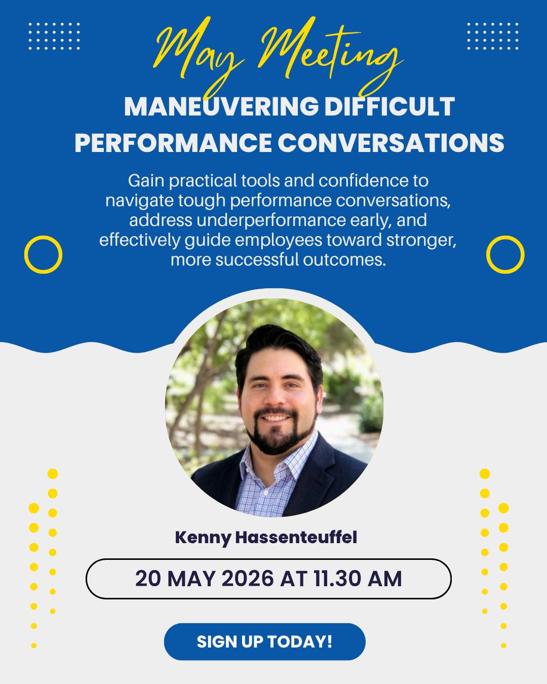 Do you have performance conversation needs to happen but you keep putting it off because you’re not sure how it will land?
HR professionals, managers, and leaders face this challenge every day. Avoiding it only leads to bigger issues, unclear expectations, and missed opportunities for growth.
Join our upcoming meeting, Maneuvering Difficult Performance Conversations, where Kenny Hassenteuffel, Talent Management & Organizational Development leader, will share practical strategies to address underperformance with confidence, prevent issues early, and turn struggling employees into strong performers.
Walk away with tools you can use immediately to lead more effective, honest conversations.
#hrnni #humanresources #difficultconversations #learninganddevelopment