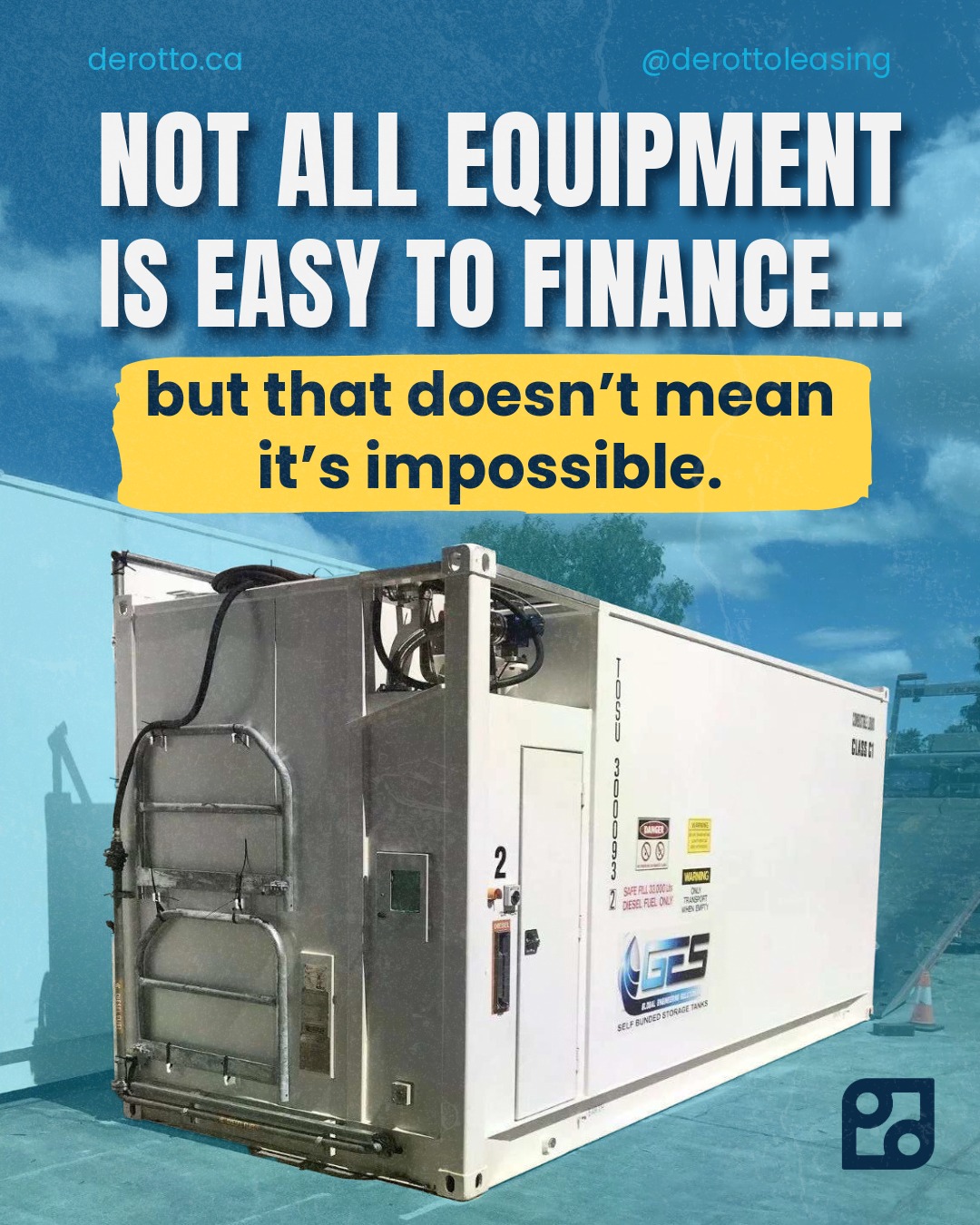 Not all equipment financing is straightforward.
DEROTTO recently helped a new client secure $65,000 financing for a portable fuel tank at single digit rates.
Non-traditional equipment can be tough to finance if you don’t know where to go. Many lenders simply won’t look at these types of deals.
That’s where we come in. With access to a wide network of lenders, we know who will consider deals others won’t.
If you’re running into roadblocks with financing, it doesn’t hurt to ask.
If we can save you money or get your deal done… what do you have to lose?
📩 Reach out to DEROTTO to get started