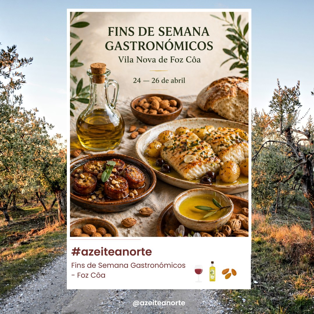 📍 Vila Nova de Foz Côa
📅 24 — 26 de abril
Há fins de semana que se vivem com calma. Este é para viver à mesa.
Em Foz Côa, a tradição serve-se em cada prato — da intensidade dos enchidos ao equilíbrio do peixe do rio, passando pelo pão, pelo vinho… e pelo azeite que liga tudo.
👉 Entrada com identidade: alheira, amêndoa e mel
👉 Prato que fala por si: bacalhau à lagareiro, generosamente regado
👉 Final doce: a amêndoa como protagonista
Mais do que um roteiro gastronómico, é um convite a provar o território — com seis restaurantes locais a dar forma ao que de mais autêntico se faz no Douro Superior.
Aqui, não se inventa. Respeita-se.
E sente-se.
🫒 Porque há sabores que contam histórias — e outros que nos fazem voltar.
#azeiteanorte #fozcoa #gastronomiaportuguesa #dourosuperior #tradicaoamesa #azeite #produtoslocais #trasosmontes #altodouro #saboresdaterra #azeiteportugues #dop #gastronomiatradicional #comidaportuguesa #visitportugal #descobrirportugal #interior #nordestetransmontano #experienciasgastronomicas #restaurantesportugal #produtolocal #culturaportuguesa #foodportugal #portugalfood #saboresdeportugal #eventosportugal #turismogastronomico #vinhoportugues #azeite #finsdesemanagastronomicos