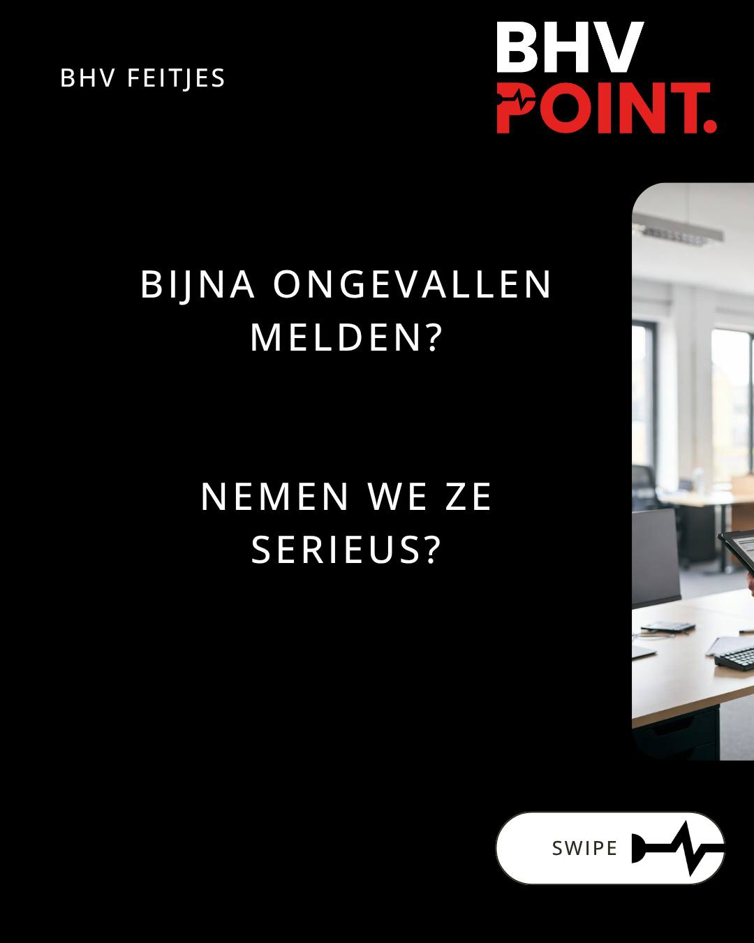 Iets wat nét niet misging.
Veel bedrijven laten dit liggen (“er is toch niks gebeurd”).
Toch die near-misses actief melden en analyseren kan veel ellende voorkomen.
Dat levert direct op:
• Minder verzuim
• Betere RI&E
• Minder boetes en aansprakelijkheidsclaims
Je hebt geen duur systeem nodig.Een simpel formulier, een WhatsApp-groep of een bord waar medewerkers snel iets kunnen noteren is vaak al genoeg.
#bhvpoint #BHV #veiligheid #bijnaongeval #voorbereid