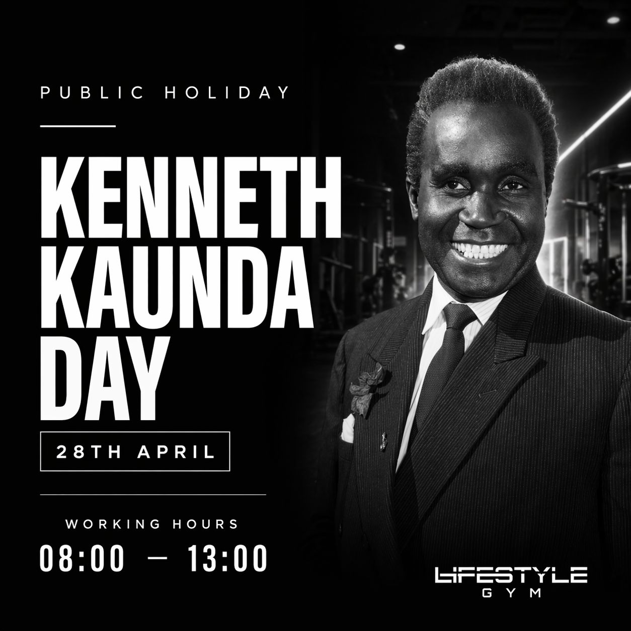 Public Holiday Notice 🇿🇲
In observance of Kenneth Kaunda Day, Lifestyle Gym will operate on Public Holiday Hours (08:00 – 13:00) on 28th April.
Train smart, stay consistent 💪