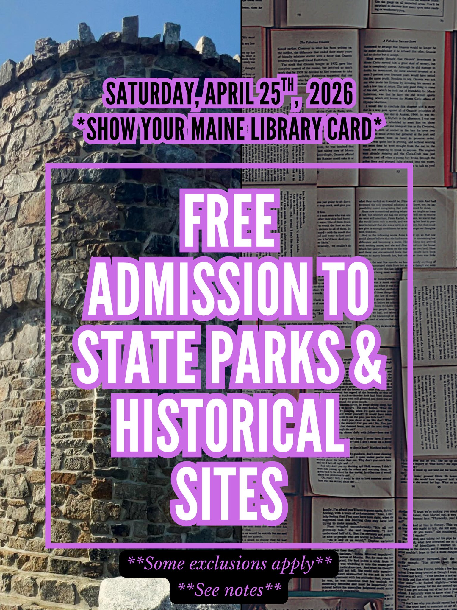 Celebrate Maine Library Month with a breath of fresh air 📚🌲
On Saturday, April 25, 2026, your Maine library card is your ticket to explore the outdoors;; for free! In honor of National Library Week, Maine State Library and Maine State Parks are teaming up to offer free day-use admission to participating state parks across the state.
Pack your favorite book, find a peaceful spot, and enjoy the perfect blend of reading and nature. Whether it’s a beachside novel, mountaintop poetry, or a trailside field guide, this day is all about discovery, relaxation, and connection.
No library card yet? Stop by your local library!! It’s free and opens the door to endless opportunities. See you on the trails!
🗓 Saturday, April 25
⏰ 9:00 a.m. to closing
🎟 Free with a Maine library card (participating parks only)
𝘌𝘹𝘤𝘭𝘶𝘥𝘦𝘴: 𝘈𝘤𝘢𝘥𝘪𝘢 𝘕𝘢𝘵𝘪𝘰𝘯𝘢𝘭 𝘗𝘢𝘳𝘬, 𝘈𝘭𝘭𝘢𝘨𝘢𝘴𝘩 𝘞𝘪𝘭𝘥𝘦𝘳𝘯𝘦𝘴𝘴 𝘞𝘢𝘵𝘦𝘳𝘸𝘢𝘺, 𝘉𝘢𝘹𝘵𝘦𝘳 𝘚𝘵𝘢𝘵𝘦 𝘗𝘢𝘳𝘬, 𝘔𝘢𝘪𝘯𝘦 𝘞𝘪𝘭𝘥𝘭𝘪𝘧𝘦 𝘗𝘢𝘳𝘬, 𝘗𝘦𝘢𝘤𝘰𝘤𝘬 𝘉𝘦𝘢𝘤𝘩, 𝘚𝘤𝘢𝘳𝘣𝘰𝘳𝘰𝘶𝘨𝘩 𝘉𝘦𝘢𝘤𝘩, 𝘚𝘸𝘢𝘯 𝘐𝘴𝘭𝘢𝘯𝘥, 𝘗𝘦𝘯𝘰𝘣𝘴𝘤𝘰𝘵 𝘙𝘪𝘷𝘦𝘳 𝘊𝘰𝘳𝘳𝘪𝘥𝘰𝘳, 𝘢𝘯𝘥 𝘗𝘦𝘯𝘰𝘣𝘴𝘤𝘰𝘵 𝘕𝘢𝘳𝘳𝘰𝘸𝘴 𝘖𝘣𝘴𝘦𝘳𝘷𝘢𝘵𝘰𝘳𝘺.
Learn more: parksandlands.com
#MaineLibraryMonth #NationalLibraryWeek #ExploreMaine #ReadAndRoam
