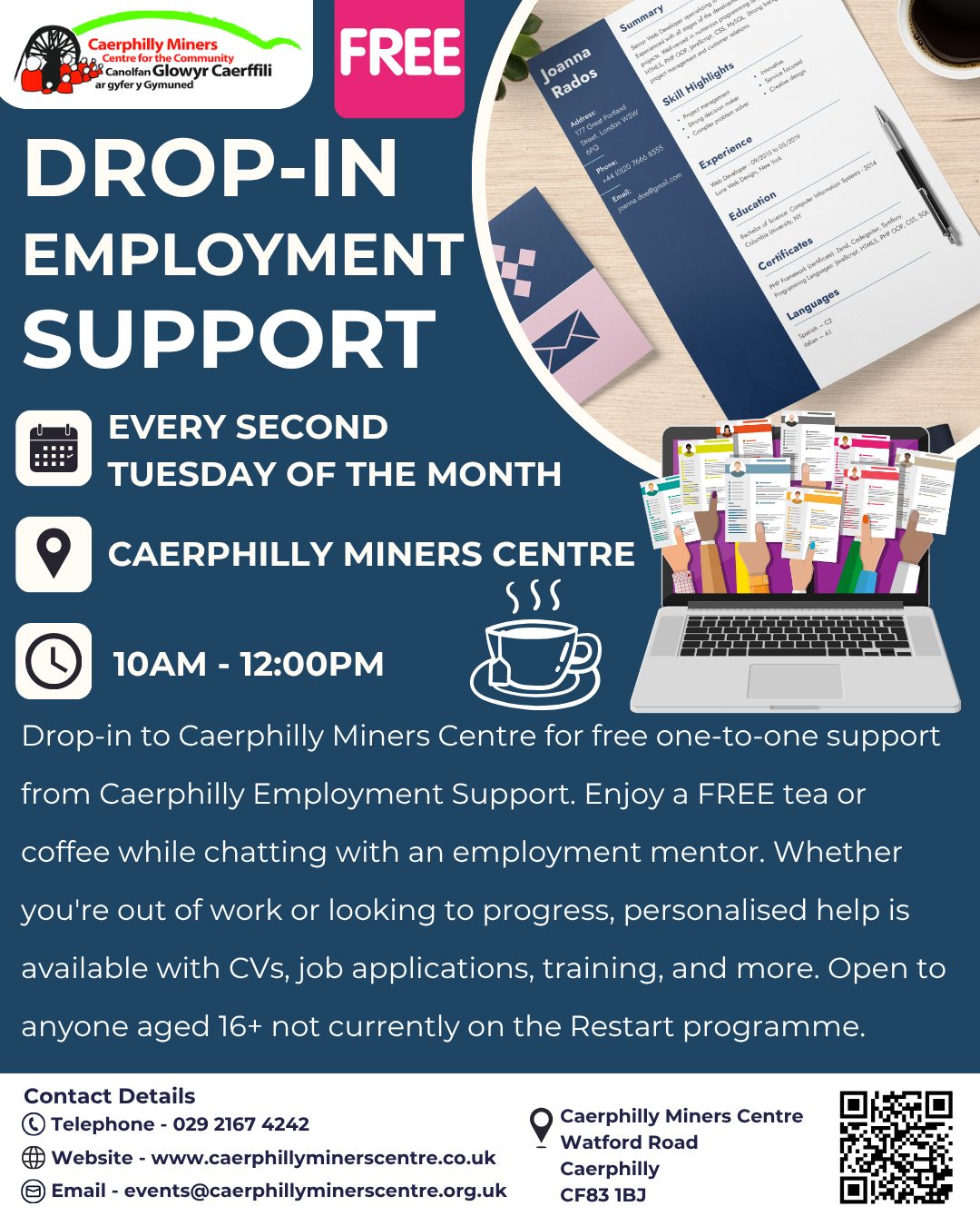 Looking for work or thinking about a change?
Come along for a free coffee and one-to-one job support – no pressure, just a friendly chat.📍 Drop-in at Caerphilly Miners Centre | Ages 16+ (not on Restart)
Chwilio am waith neu ystyried newid?
Dewch i gael paned am ddim a chymorth un-i-un mewn awyrgylch cyfeillgar – dim pwysau, dim ymrwymiad.📍 Galw-mewn yn Ganolfan Y Glowyr Caerffili | 16+ oed (heb fod ar Raglen Ailgychwyn)
