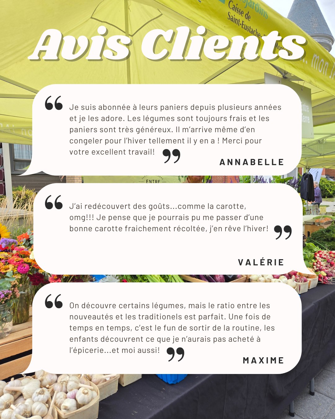 On reçoit souvent, surtout ces temps-ci, plein de beaux mots! On manque à certains et, évidemment, vous nous manquez aussi! Ça nous fait toujours chaud au cœur de vous lire, de savoir qu’on change votre quotidien l’été, que grâce à nous, vous mangez plus de légumes, que vous en découvrez, que vous les transformez… ou qu’il vous en reste encore au congélateur au mois d’avril!
Tu veux voir ce qu’on fait pousser à la ferme? Va dans l’onglet “produits”. Sinon, saute sur l’occasion d’avoir un été des plus goûteux et colorés de ta vie!
www.fermeentrecieletterre.com/inscription