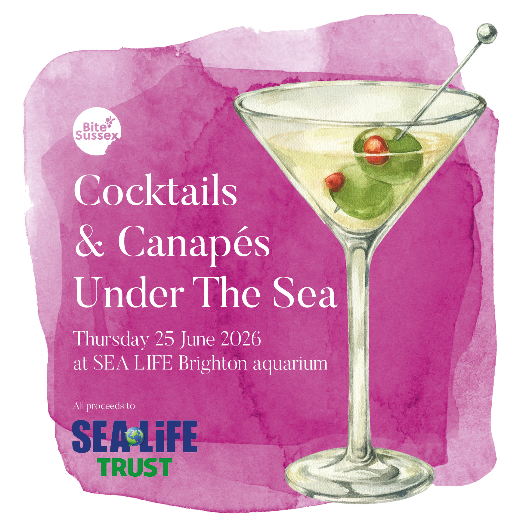 Our ever-popular BITE Sussex ‘Cocktails & Canapés Under The Sea’ evening is back at SEA LIFE Brighton aquarium @sealifebrighton on Thursday 25 June 2026, as part of the Brighton Oyster Festival.
Six local chefs, cocktail mixologists and distilleries partner to create matched drinks and snacks for you to enjoy whilst exploring the wonders of the ocean at the world’s oldest operating aquarium.
All proceeds from this event will be donated to the independent SEA LIFE Trust.
For details of this and all the events during the BITE Brighton Oyster Festival visit www.bitesussex.com