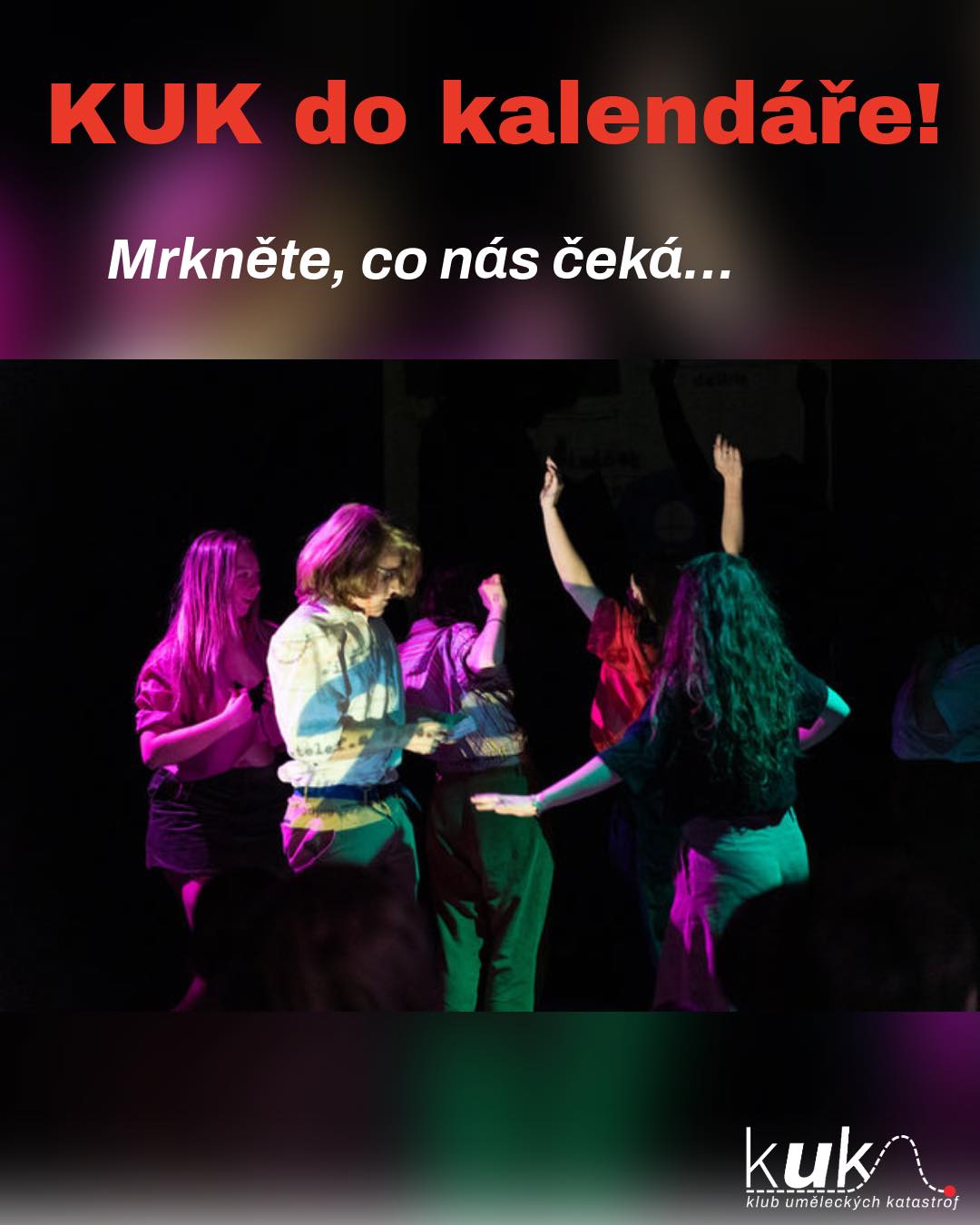 🎭 úterý 28. 4. 2026 od 19:00 Křest knihy Tutáči a Dušičky od Petra Váši a Petra Nikla, vystoupení KUK na Jánském vršku (Santiny Caffe & Books)
🎭 sobota 16. 5. 2026 Dětská divadelní přehlídka v Dubči, KUKly s inscenací Astrid
🎭 čtvrtek 28. 5. 2026 DIVADLoBRAZ 16:00 - 20:00, Vernisáž výtvarného oboru a ukázky z literárně dramatického oboru (divadelní ukázky a přednesy) v ZUŠ Štítného, možnost navštívit výtvarné a divadelní workshopy
🎭 sobota 13. 6. 2026 16:00 - 21:00 Kolík26 - divadelní štafeta všech souborů KUK, divadelní odpoledne pro celou rodinu (představení a divadelní workshopy pro veřejnost) v Žižkovském divadle Járy Cimrmana
🎭 7. - 16. 8. 2026 Letní divadelní soustředění pro členy souboru KUK v Želivě
🎭 15. 8. 2026 Veřejné zakončení divadelního soustředění v Želivě, zvěme širokou veřejnost, místní, kamarády a přátelé (konkrétní průběh a program se tvoří za pochodu, počítejte s odpolednem a večerem plným zábavy, tvorby a inspirace)
🎭 ve fázi plánování je představení Žitoves aneb Velké pozdvižení na malém městě v PN Bohnice (květen)
Více na kukdivadlo.cz
#kukdivadlo #dramaťák #dramatak #theatreworks #theatrekid #theatre #theatrelife #divadlo #zusstitneho