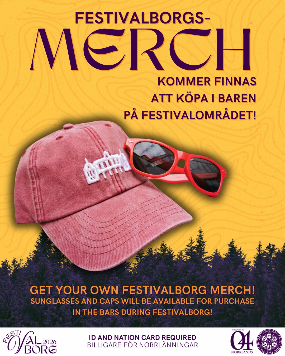 🌄FESTIVALBORGS-MERCH! 🌄
Festivalborg är här och självklart släpper vi het merch till festivalen!
KÖP DITT SET REDAN IDAG!
NYHET OCH LIMITED EDITION: Snygga, röda solglasögon att bära i vårsolen!
RESTOCK: Våra populära kepsar och temporära tatueringar!
Solglasögon, kepsar och tatueringar kommer finnas att köpa i baren på festivalområdet!
MISSA INTE! Vi har även fler gråa hoodies i de populära storlekarna MEDIUM och LARGE. Köp dem i vårt kansli under dess öppettider (v. 18: mon-ons: 13-15).
___
🌄FESTIVALBORG MERCH! 🌄
Festivalborg is here and with it the release of brand new merchandise!
BUY YOU SET TODAY!
NEW LIMITED EDITION: Cool, red sunglasses for the spring!
RESTOCK: Our popular caps and temporary tattoos!
Sunglasses, caps, and tattoos will be available for purchase in the bar during Festivalborg!
DON'T MISS! More of our gray hoodies, in the popular sixes MEDIUM and LARGE. Buy you merch in our reception (kansli) during opening hours (week 18: Mon-Wed: 13-15).