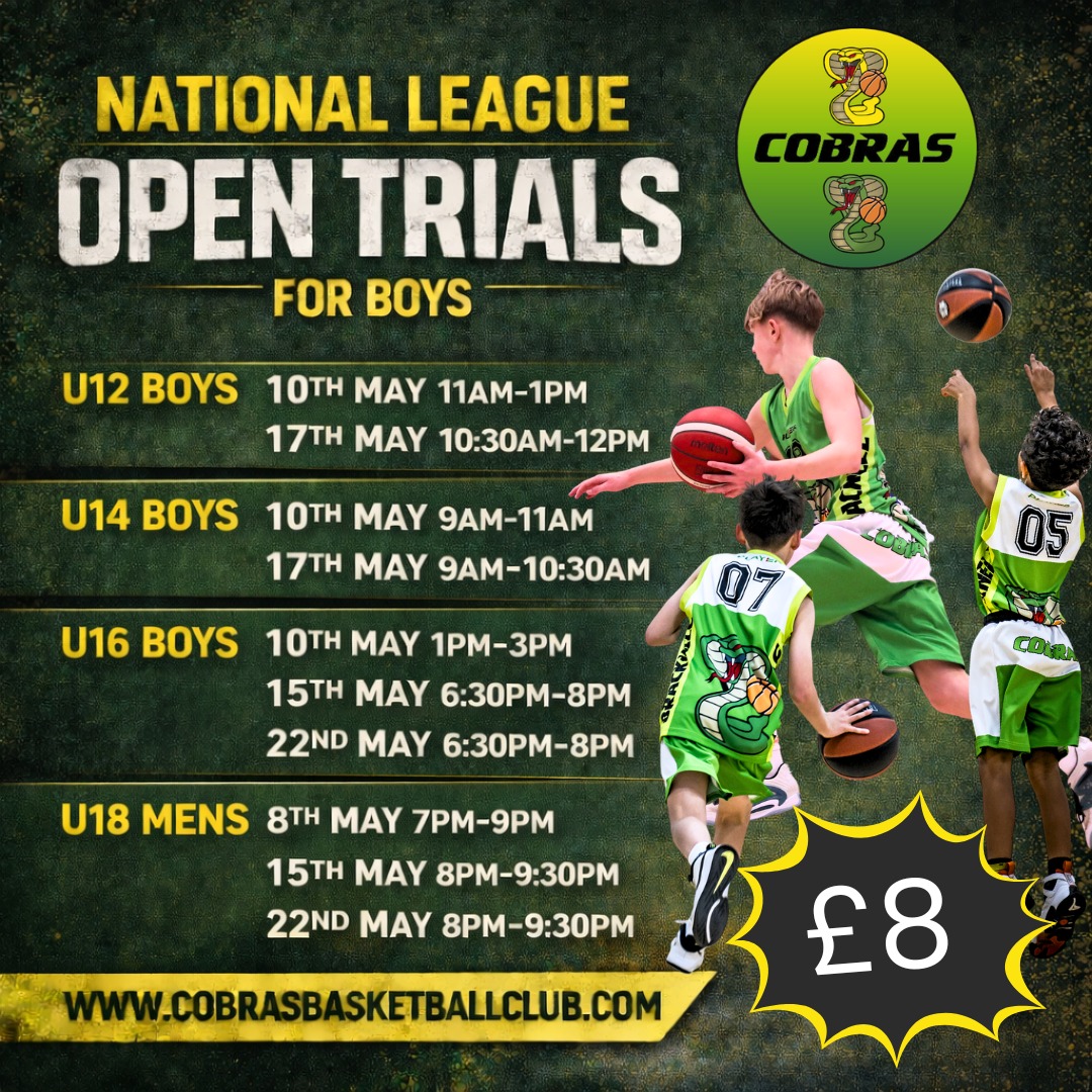 ‼️OPEN NATIONAL LEAGUE TRIALS ‼️
Please attend based on school year @ 01Sep2026
Boys & Girls* U12 - Y6/Y7 *new GIRLS team for 2026*
Boys & Girls U14 - Y8/Y9
Boys & Girls U16 - Y10/Y11
Men U18 - Y12/Y13
Book online via website: https://hosted-uk.coacha.app/YJ83ADG
Cobras existing members select 'book'
Guests select 'book trial'
Cobras team of professional coaches are ready, are you? 🐍🏀
#YouthBasketball #PlayerDevelopment #Basketball #NationalLeague #GirlsBasketball #basketballengland #BoysBasketball #ukbasketball #nblengland #basketballengland