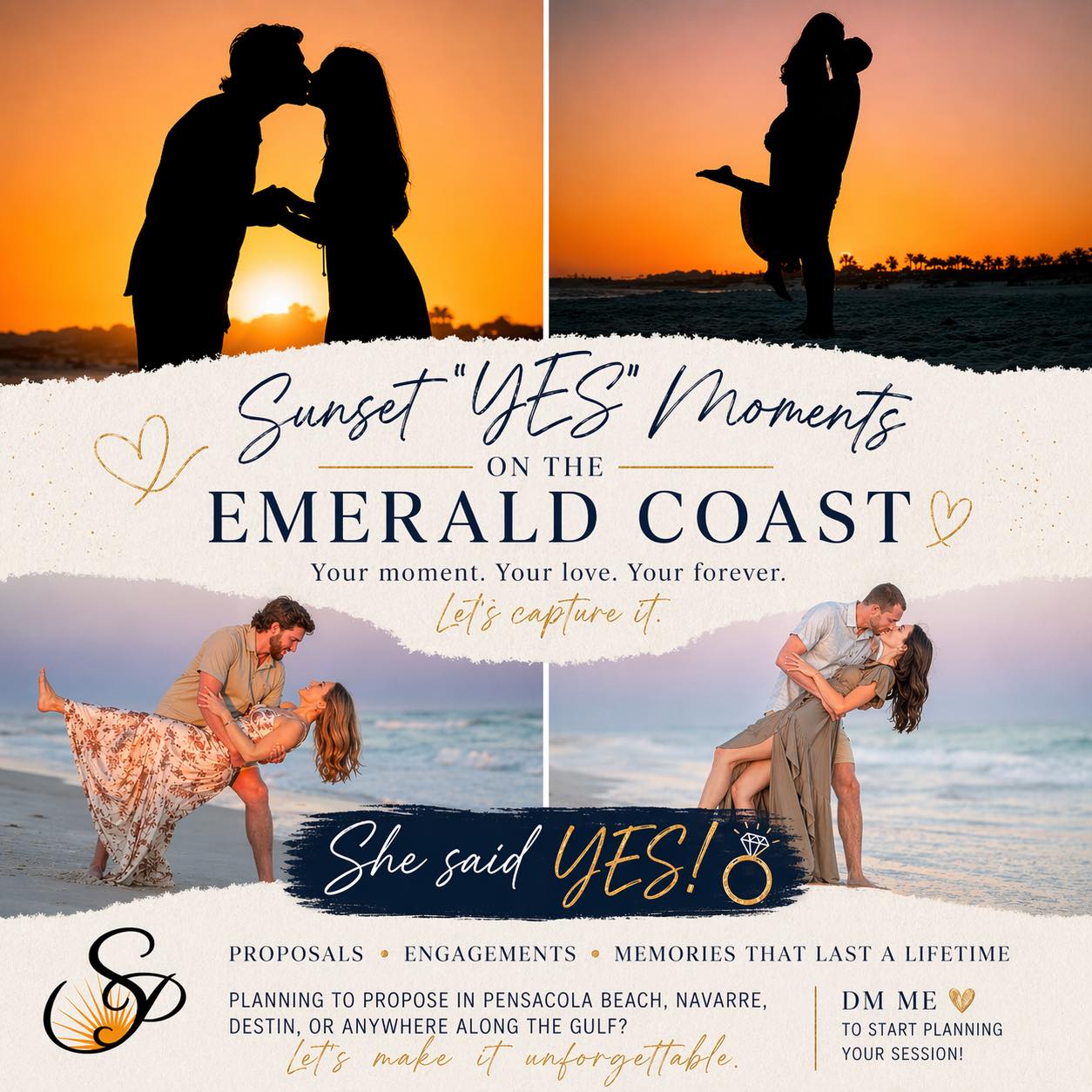 There’s just something different about love on the Gulf…
The soft white sand beneath your feet…
The sound of waves rolling in…
And that golden sunset lighting up one of the biggest moments of your life.
From that quiet, heart-racing “Will you marry me?”…
To the laughter, the dip, the spin, and the “WE’RE ENGAGED!!!” energy…
These are the moments that deserve to be captured forever.
Whether it’s a surprise proposal or a just-engaged session, the Emerald Coast gives you a backdrop that simply can’t be beat.
If you’re planning to pop the question in Pensacola Beach, Navarre, Destin, or anywhere along the Gulf… let’s make it unforgettable.
www.sunsetphotography-pcola.com
📸 I’ll help you plan it, capture it, and turn it into a story you’ll relive for a lifetime.
👉 DM me to start planning your engagement session
#EmeraldCoast #PensacolaBeach #BeachProposal #SheSaidYes #EngagementPhotos #SunsetVibes #GulfCoastLove #FloridaPhotographer #DestinationLove #SurpriseProposal