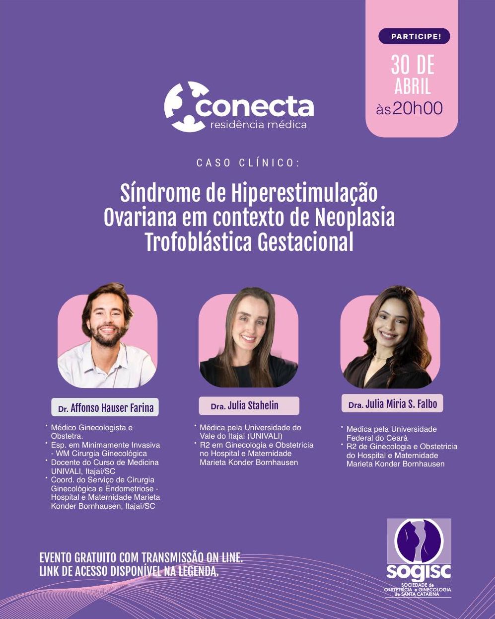 No próximo dia 30, SOGISC promove mais uma edição do Conecta Residência Médica.
O tema da noite será: “Síndrome de Hiperestimulação Ovariana em contexto de Neoplasia Trofoblástica Gestacional”, com coordenação do Dr. Affonso Hauser Farina (@affonsohfarina) e participação das residentes Dra. Julia Stahelin e Dra. Julia Miria dos Santos Falbo, ambas do Programa de Residência de Ginecologia e Obstetrícia do Hospital e Maternidade Marieta Konder Bornhausen.
Informações sobre o evento:
📅 Data: 30/04 (quinta-feira)
🕗 Horário: 20h00
🎓 Evento gratuito e exclusivo para profissionais da saúde, residentes e associados da SOGISC.
Acesso gratuito online via ZOOM:
🔗 Link: // bit.ly/Conecta022026
🆔 ID da reunião: 884 5107 1881
🔒 Senha: 216542
Não perca essa oportunidade de aprimorar seus conhecimentos e interagir com especialistas da área!
#SOGISC #Ginecologia #Obstetrícia #ConectaResidência #ConectaSogisc