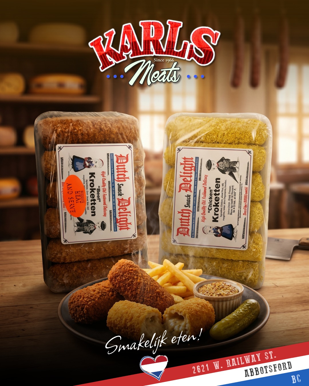 Happy Midweek, Abbotsford! 💪
Need something quick, hearty, and seriously satisfying? The Dutch have had the answer all along 😄🇳🇱
🔥 Chicken & Beef Kroketten
Crispy golden outside… rich savoury filling inside.
Best served with:
🍟 Hot fries
🥄 Mustard
🥒 Pickle spear
Simple. Proper. Delicious.
Perfect for a fast lunch, easy dinner, or freezer backup when hunger hits hard 👀
👉 Stop by Karl’s Meats and stock up on this Dutch classic today.
Smakelijk #dutchfood
— The Karl’s Meats Team 💪
📍 2621 W. Railway St, Abbotsford
📞 (604) 859-9011
#KarlsMeats #Kroketten #DutchHeritage #SupportLocal #MidweekMeals #ComfortFood #AbbotsfordBC #QuickMeals #FreezerFinds #DutchFood