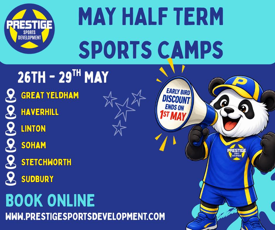 MAY HALF TERM CAMPS π£
Looking for an active, exciting way to keep the kids busy in May Half Term? Weβve got you covered!
β½ Action-packed sports activities
π― Games, challenges & skill-building
π Fun, safe and engaging sessions for all abilities
π Locations:
Great Yeldham | Haverhill | Linton | Soham | Stetchworth | Sudbury
Let the kids burn energy, make friends, and have a blast this May half term! π₯
Our prices are best when you book early! Early bird pricing until 1st May!
π₯ Spaces are limited β donβt miss out!
π Book now to secure your childβs spot
www.prestigesportsdevelopment.com
π΅π