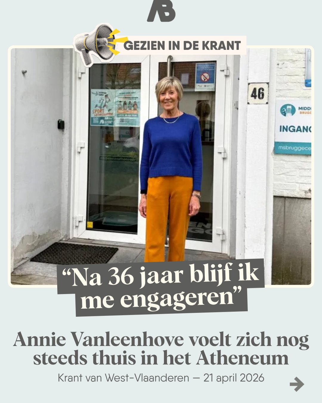 📰 "Na 36 jaar blijf ik me engageren" — Lees het artikel over oud-leerkracht lichamelijke opvoeding Annie Vanleenhove deze week in Krant van West-Vlaanderen!
—
#ikbeneenatheneeër #fieroponsgo #atheneumbrugge #impact