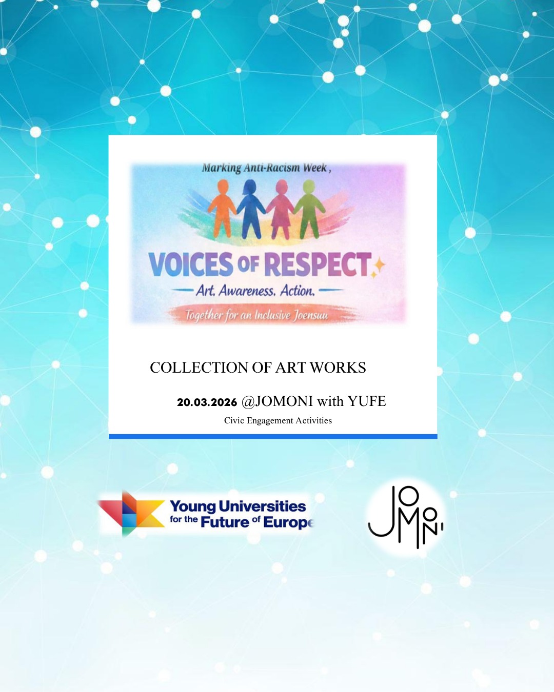 🇬🇧🇷🇺 In English and Russian below
Voices of Respect- tapahtuman taidekokoelma – selaa kuvakarusellia nähdäksesi tuotokset! 🎨
Voices of Respect oli taidepohjainen alusta, jossa:
1) tuotiin esiin tietoisuutta ja rasismin vaikutuksia luovan työn kautta,
2) jaettiin ajatuksia osallistavasta elämästä Joensuussa sekä
3) kohdattiin muita samankaltaisia arvoja jakavia yhteisön jäseniä.
Voices of Respect järjestettiin yhteistyössä YUFE:n kanssa rasisminvastaisella viikolla maaliskuussa 2026.
Kiitos osallistujille merkittävästä panoksesta sekä hienoista taideteoksista! 🌍✨
“A community becomes stronger when every voice is heard and every story is respected.”
Voices of Respect - Event Art Collection – browse the image carousel to explore the artworks! 🎨
Voices of Respect was an art-based platform where:
1) awareness and the impacts of racism were highlighted through creative work,
2) ideas about inclusive living in Joensuu were shared, and
3) people with similar values in the community met and connected.
Voices of Respect was organized in cooperation with YUFE during Anti-Racism Week in March 2026.
Warm thanks to all participants for your valuable contributions and inspiring artworks! 🌍✨
------------
Voices of Respect — художественная коллекция проекта — пролистайте карусель, чтобы познакомиться с работами! 🎨
Voices of Respect — это творческая платформа, где:
1) через искусство привлекалось внимание к проблеме расизма и его последствиям,
2) обсуждались идеи инклюзивной жизни в Йоэнсуу, и
3) происходило знакомство и общение людей, разделяющих общие ценности.
Voices of Respect был организован в сотрудничестве с YUFE в рамках Недели борьбы с расизмом в марте 2026 года.
Сердечная благодарность всем участникам за ваш ценный вклад и вдохновляющие художественные работы! 🌍✨
#voicesofrespect #rasisminvastainenviikko #weekagainstracism #yufe #jomoni #voicesofrespect
@yufe_alliance
